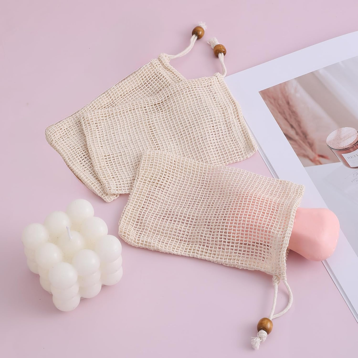 3 Pack Soap Exfoliating Bag Natural Sisal Soap Saver Bag Pouch Natural Soaps Saver Bar Bags with Drawstring for Exfoliating Foaming and Drying Soaps Holder image number 3