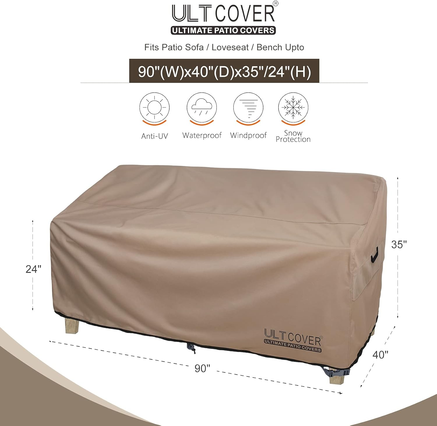 ULTCOVER Waterproof Outdoor Deep Seat Sofa Bench Cover 90W X 40D X 35H Inch Patio Furniture Couch Cover