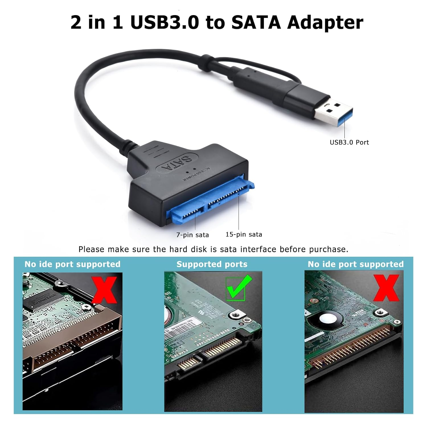 2 In1 SATA III to USB 3.0 Adapter Cable, USB-C/USB-A 3.0 to SATA Converter Compatible with 2.5 Inch HDD and SSD, Supports UASP High-Speed Transfer image number 5