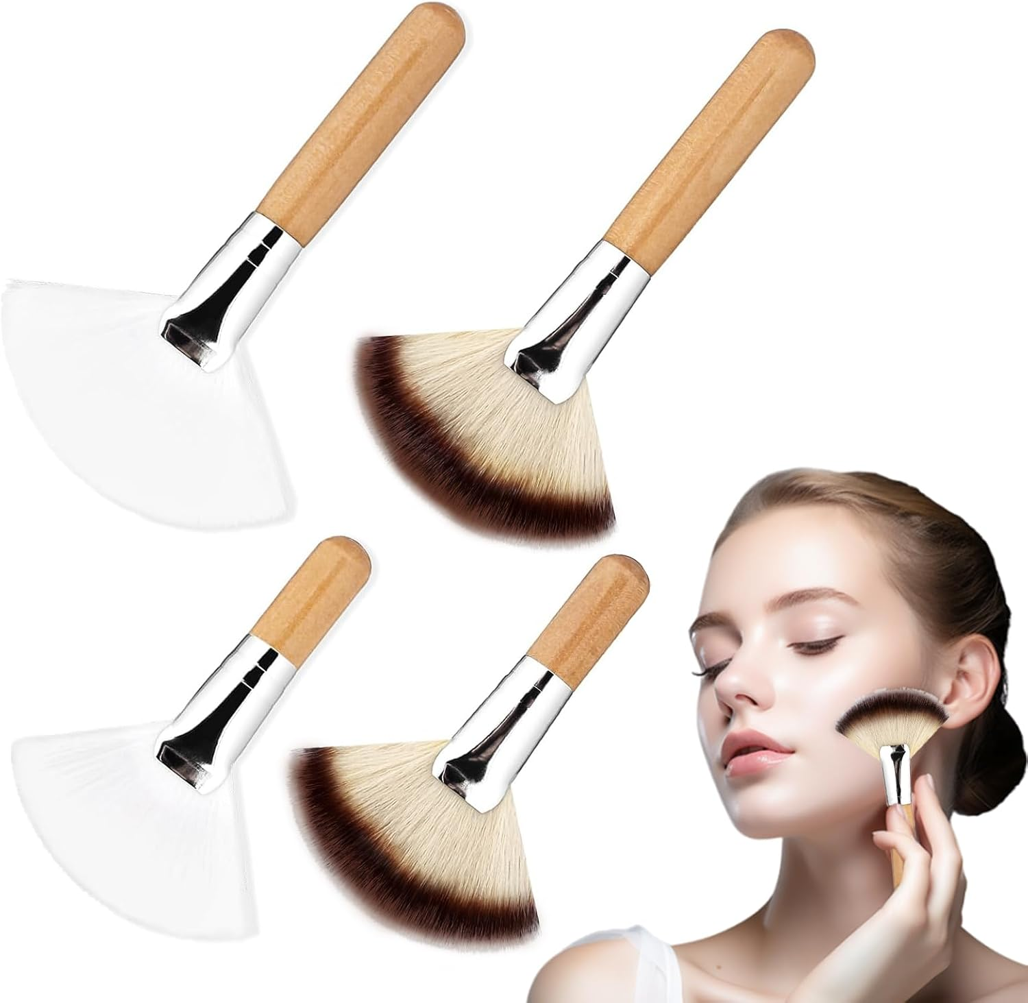 Tavvke 4 Pcs Facial Fan Brushes, Soft Bristle Face Highlighting & Blush Brush Set with Long and Short Handles for Women, Esthetician Cosmetic Tools image number 5