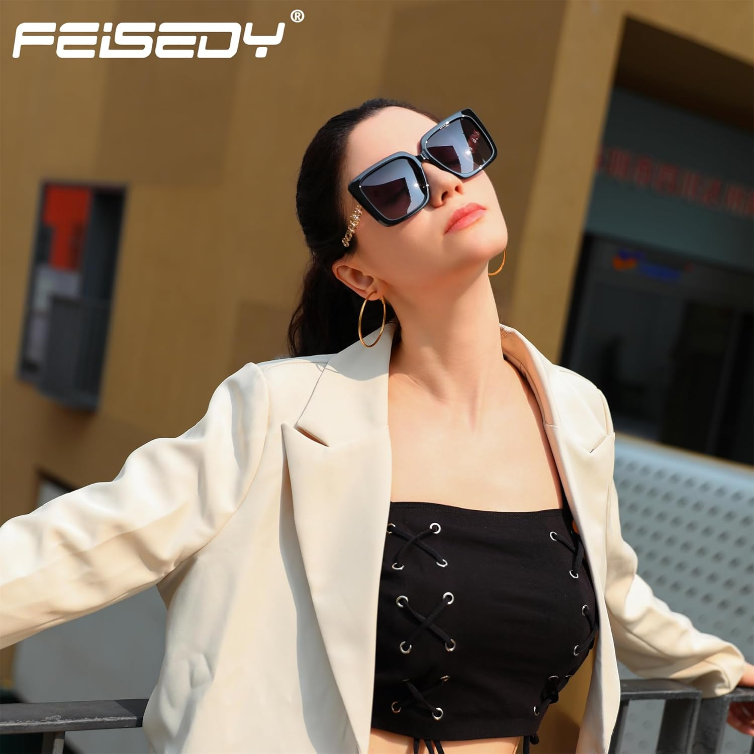 FEISEDY Trendy Polarized Cateye Sunglasses Womens Vintage Oversized Square Sunglasses UV400 Protection B0003