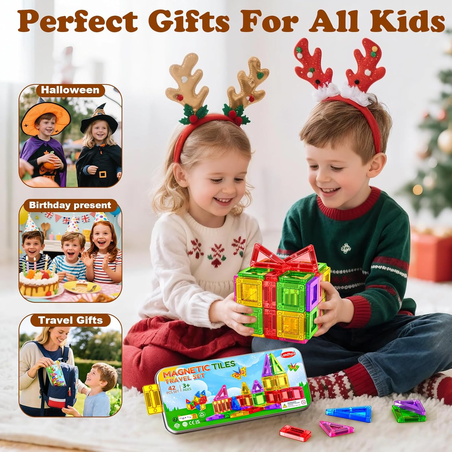 Travel Magnetic Tiles for Kids Ages 3-5 42PC Magnet Mini Building Blocks Kids Plane Toys for 3 4 5 6 7+Year Old Boys Girls Toddler Preschool STEM Construction Christmas Birthday Gifts with Iron Box image number 3