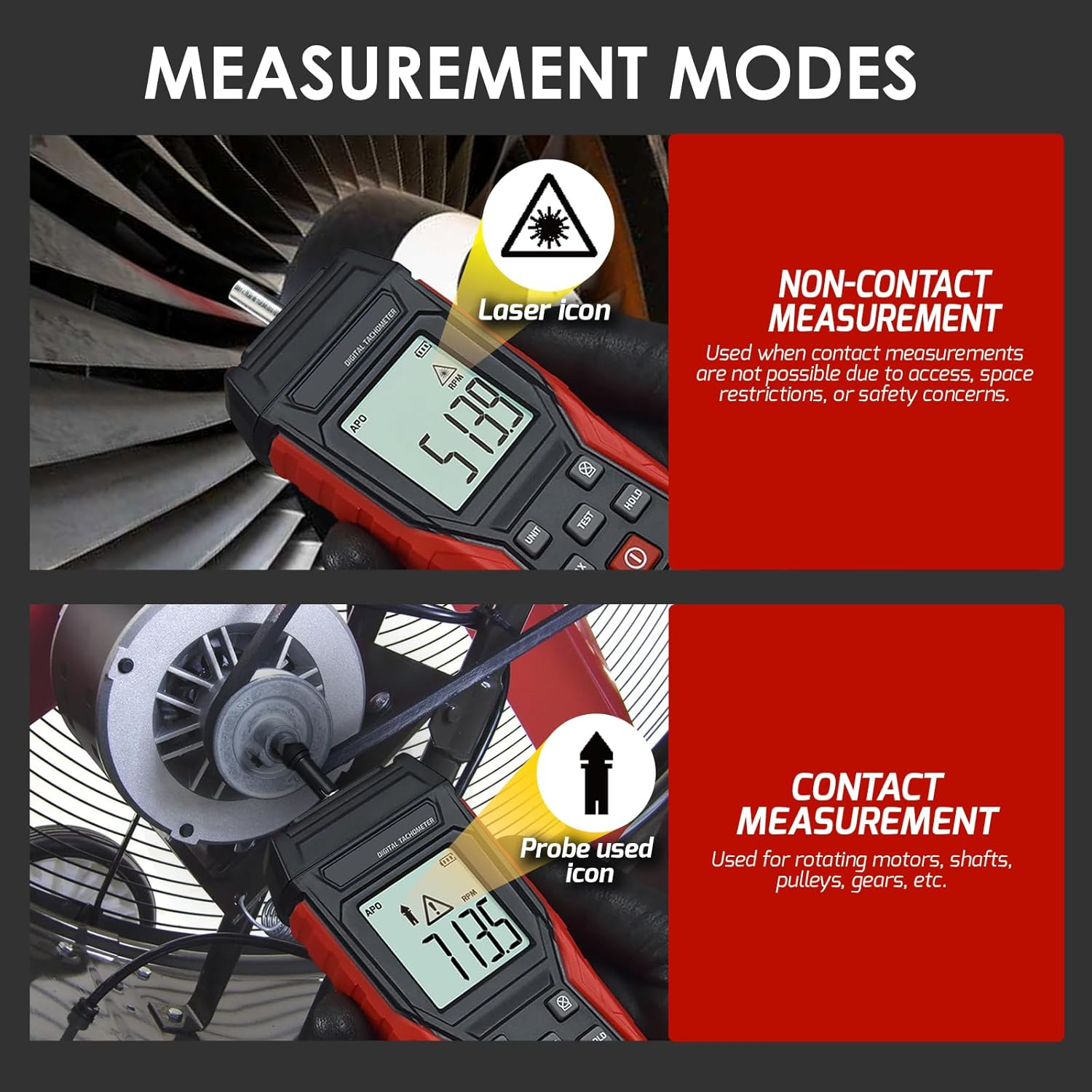 Digital Tachometer Non Contact RPM Meter Laser Photo Tachometer 3~100,000Rpm, Contact RPM Tachometer Gauge Speed Meter with Data Hold, Max/Min image number 6