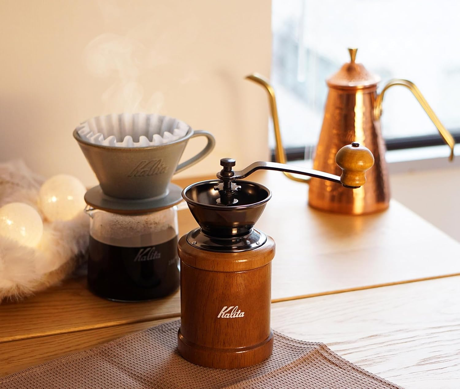 Kalita KH-3AM Wooden Coffee Grinder, Hand Coffee Grinder, Adjustable Grind for Outdoor & Camping