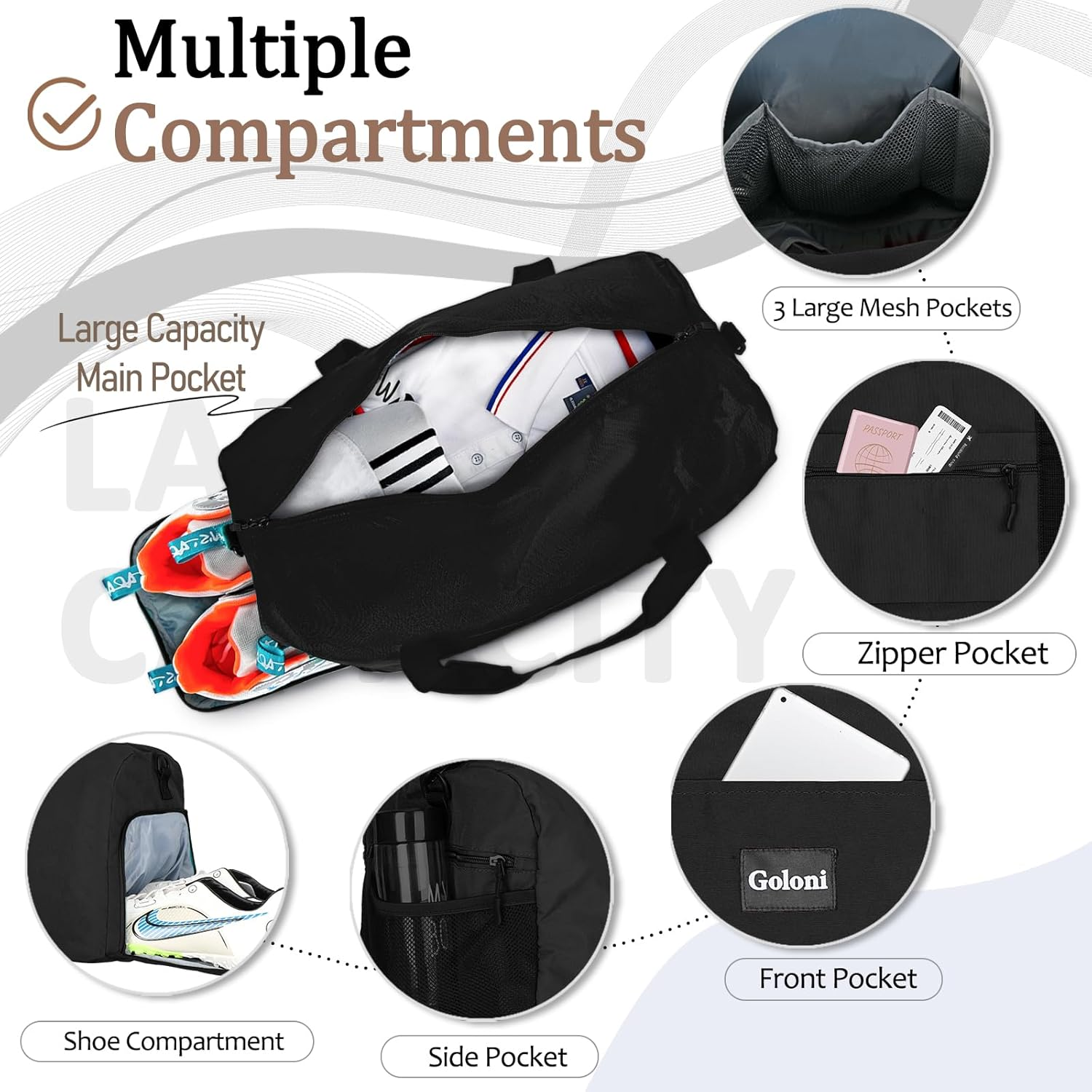 Goloni Cute Duffle Bag for Women, Gym Bag with Shoe Compartment, Lightweight Weekend Travel Duffel Bag,Overnight Bag with Wet Pocket, Black - Black image number 6