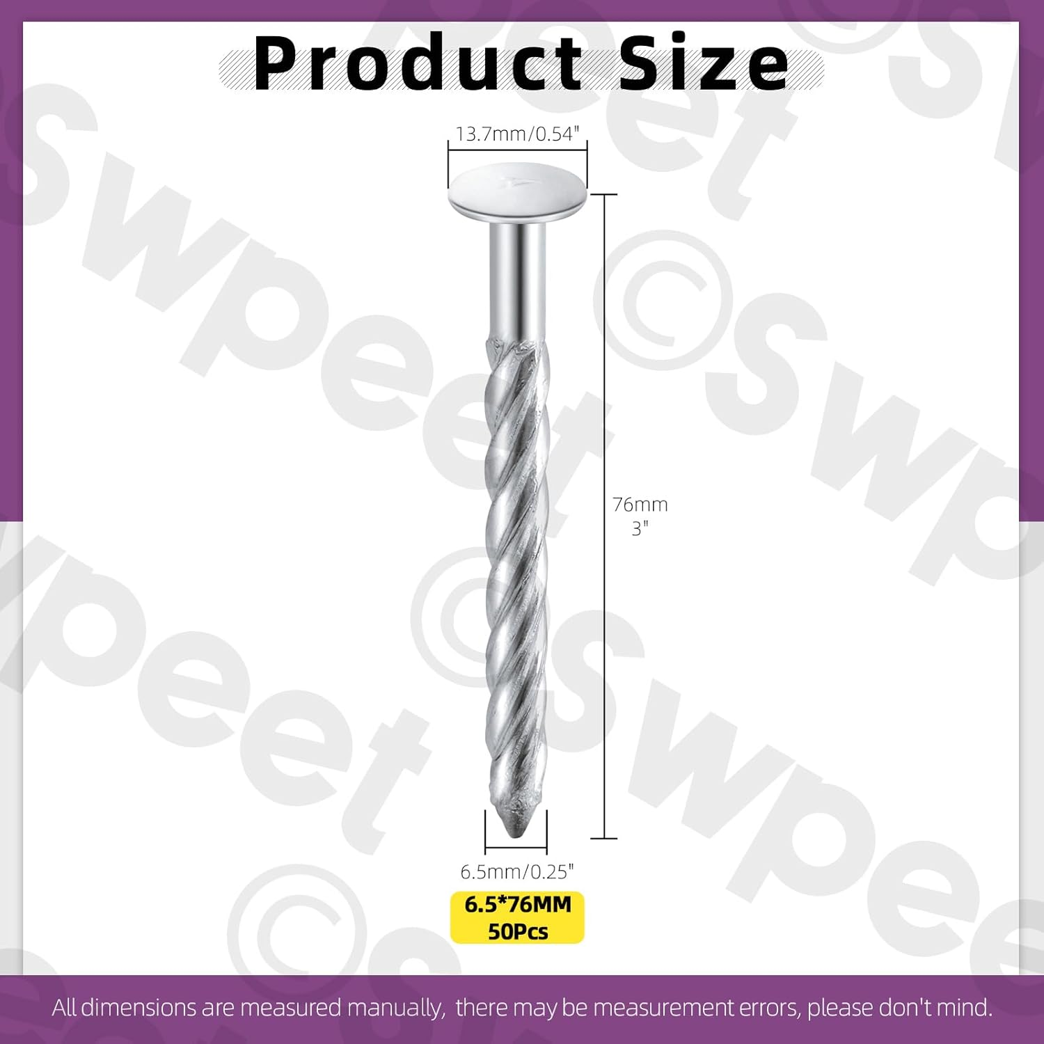 Swpeet 50Pcs 6.5 X 76Mm Galvanized Thread Twist Nail Kit, Concrete Wall Nail 304 Stainless Steel Nail Cement Nail Galvanized Solid Nail Steel Nail for Woodworking image number 3