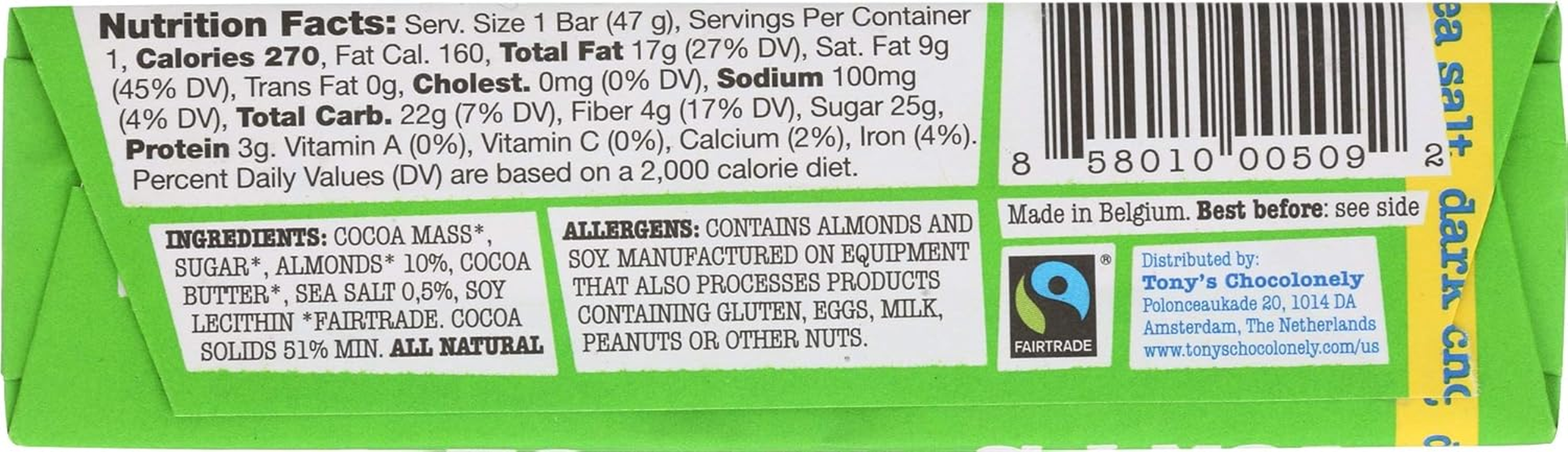 Tony'S Chocolonely Almond Sea Salt Dark Chocolate Bar Snack Size 47 G (Pack of 35) image number 1