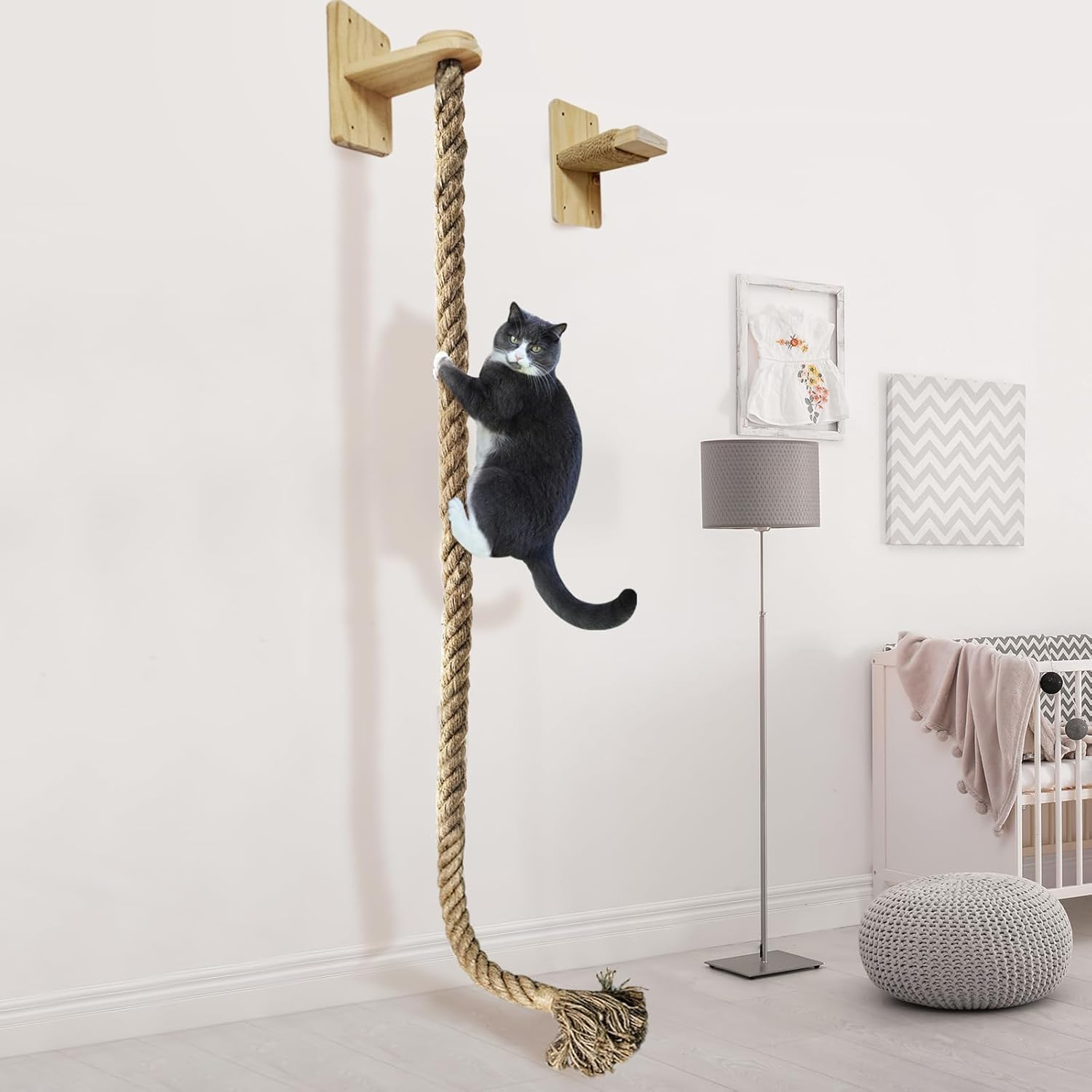 Cozioz 1.3M Wall-Mounted Cat Climbing Rope with Platform &ndash; Heavy-Duty Sisal Rope Scratching Post, Indoor Cat Tree with Jump Shelf & Ladder &ndash; Space-Saving Cat Wall Furniture