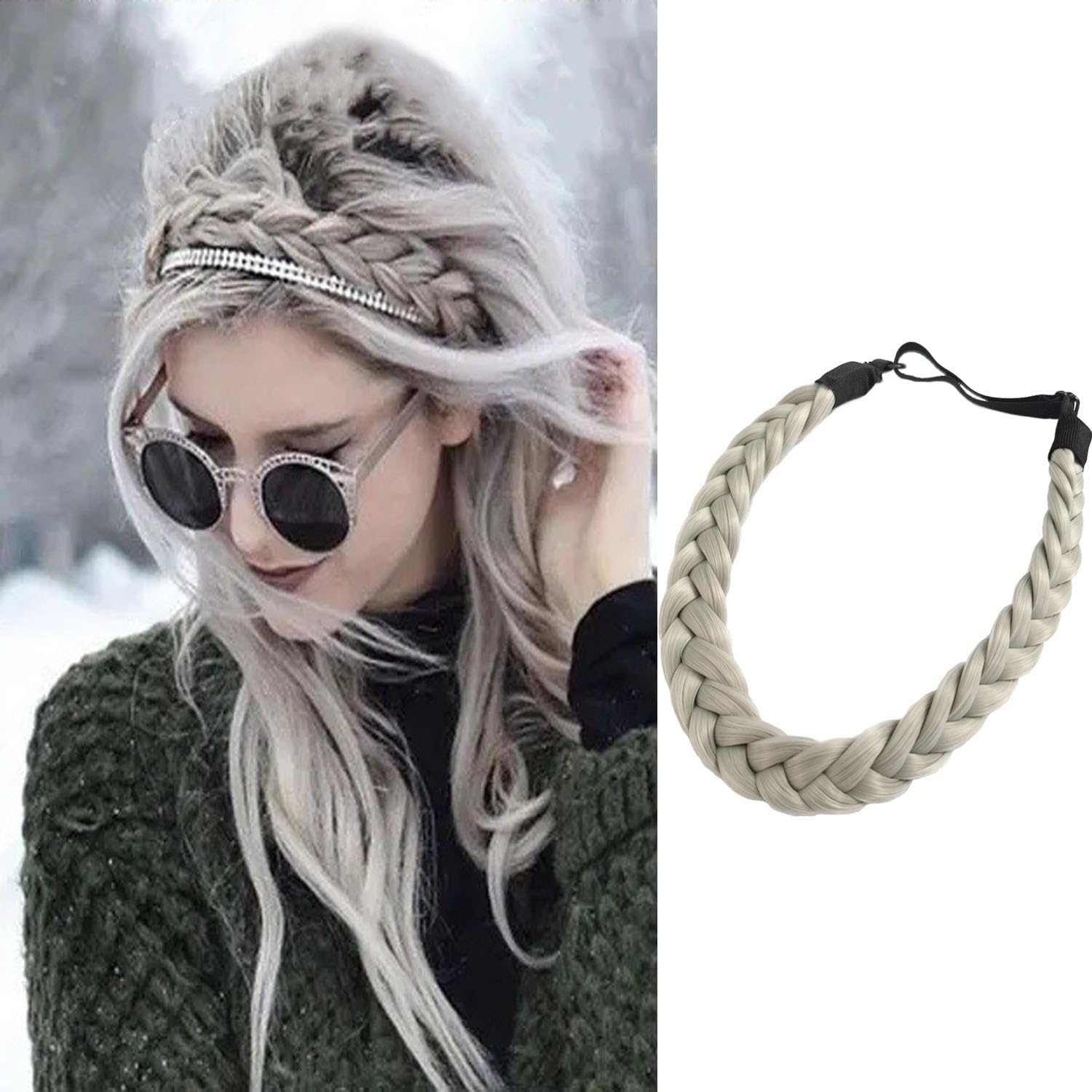 Braided Headband for Women - Soft Elastic Braid Headband in Light Grey, Synthetic Hair Accessory for Everyday, Parties & Special Occasions image number 2