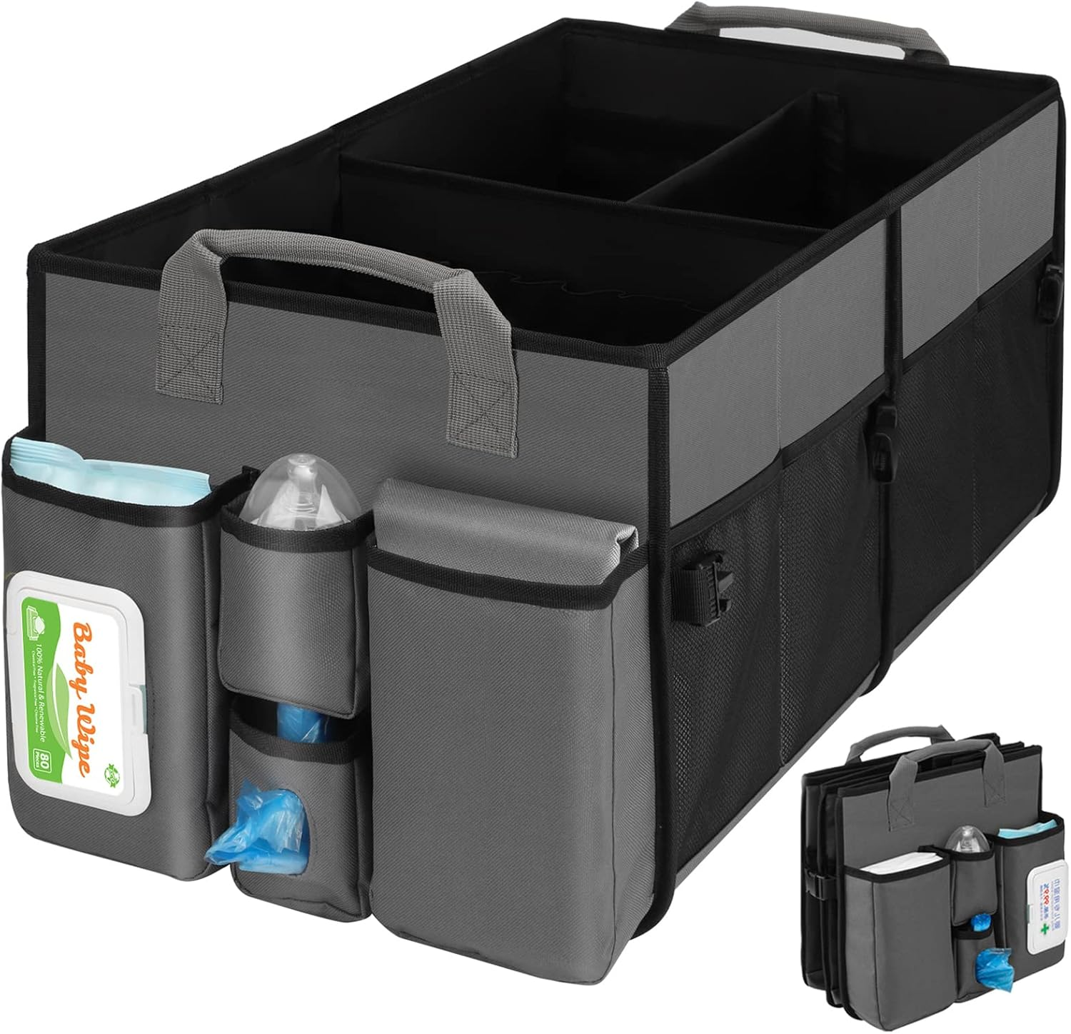 Collapsible Trunk Organizer & Diaper Changing Station, Baby Diaper Caddy Organizer with Movable Dividers, Easy-To-Reach for Back Seat Travel Car Organizer, Waterproof Car Trunk Organizer Groceries