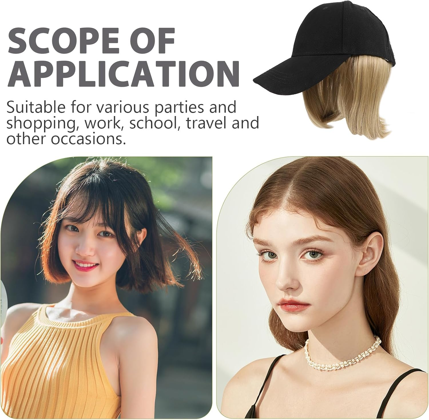 LALAFINA Baseball Cap with Hair Extensions, Wigs Cap Canvas Hat Straight Short Bob Hairstyle Adjustable Wig Hat Short Ponytail Baseball Wig Cap with Attached for Women image number 3