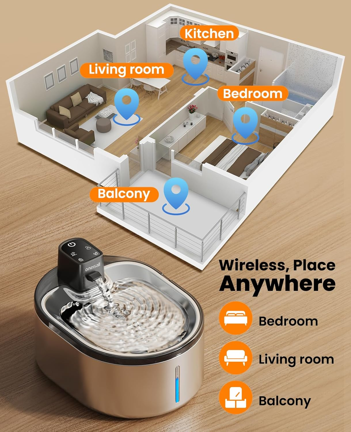 Oneisall 4L Drinking Fountain for Cats, Wireless Stainless Steel, Cat Fountain Wireless with Motion Sensor, 60 Days Operating Time per Charge, Super Quiet Pump, Filter, Water Fountain for Cats, Small image number 2