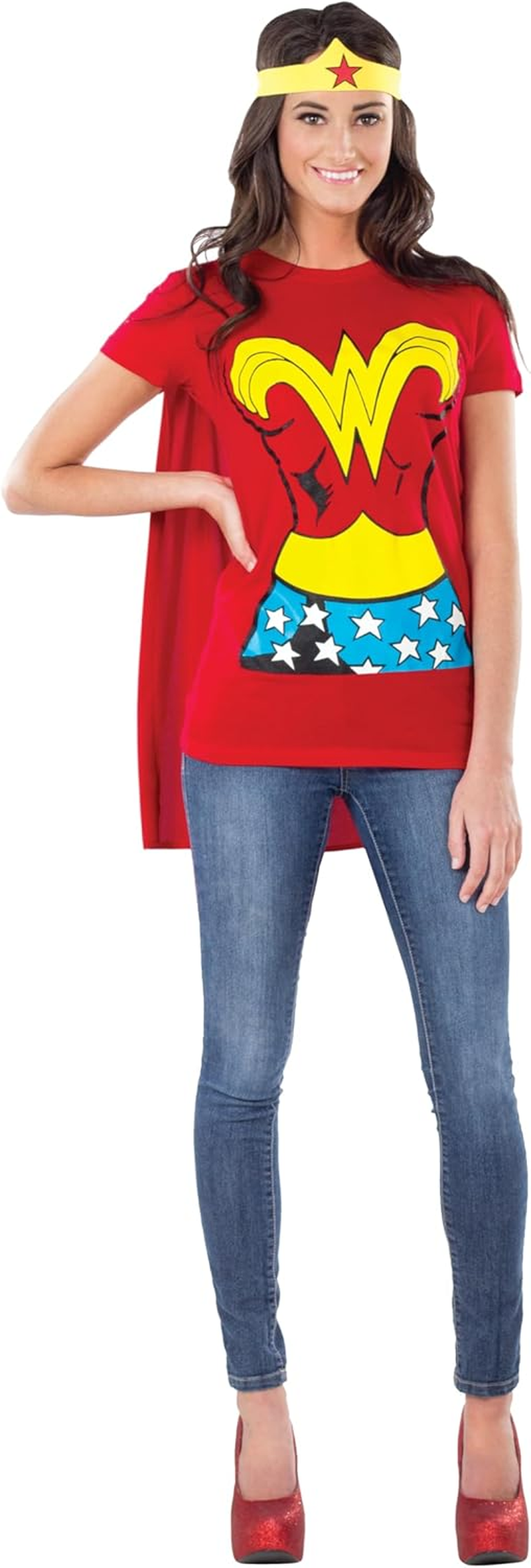 Rubie'S DC Comics Wonder Woman T-Shirt with Cape and Headband, Red, Large Costume image number 1