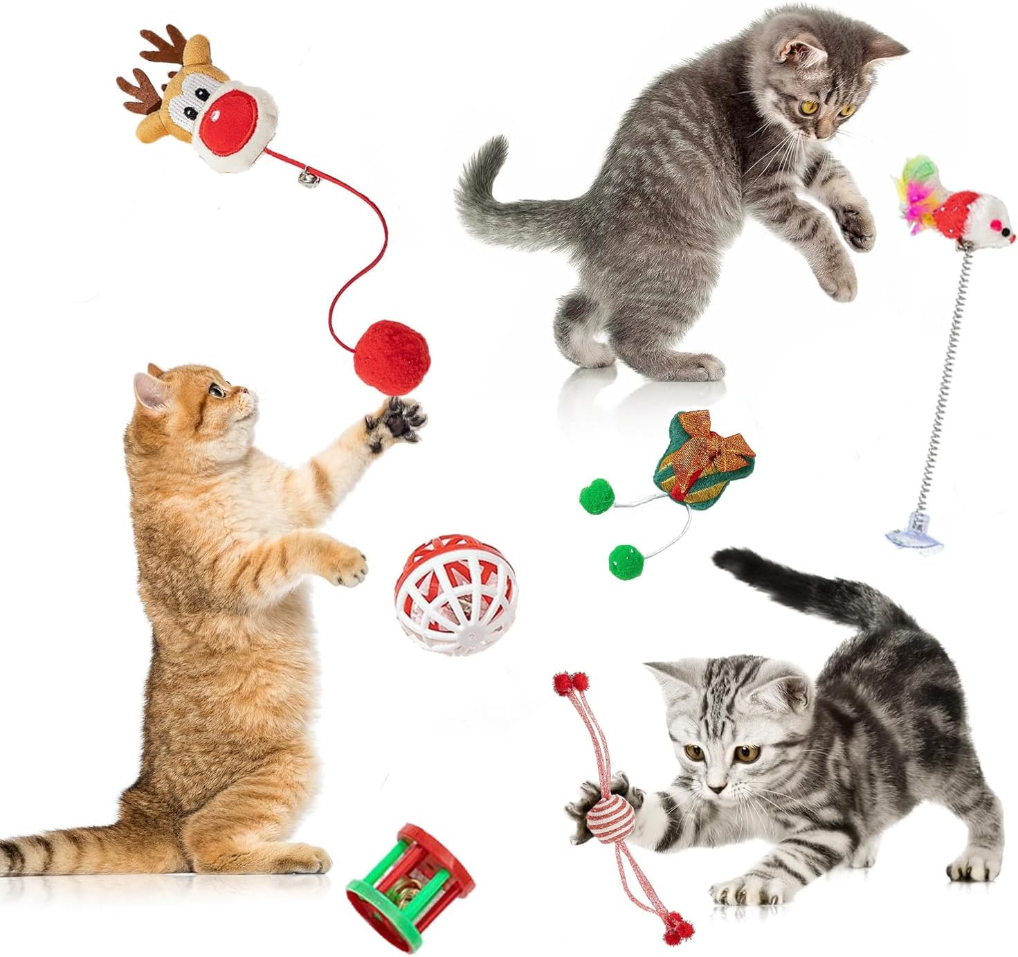 Mumoo Cat Christmas Stocking Cat Toys,7 Pcs Christmas Interactive Cat Toys Set for Christmas Cats Gift with Squeaky Toys, Balls, Cat Teaser Toys（Elk 6 PCS） image number 5