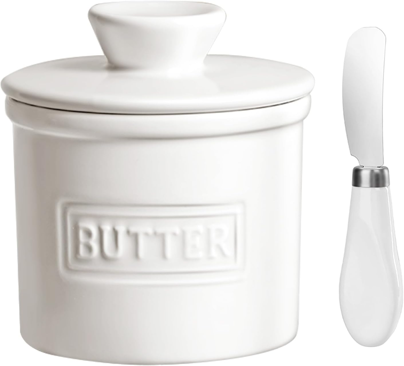 JSHKY Butter Crock with Spreader, Porcelain French Butter Keeper for Countertop, Butter Container for Soft Butter, Gift for Mother&rsquo;S Day, Thanksgiving Day and Christmas, AU, Color-White.