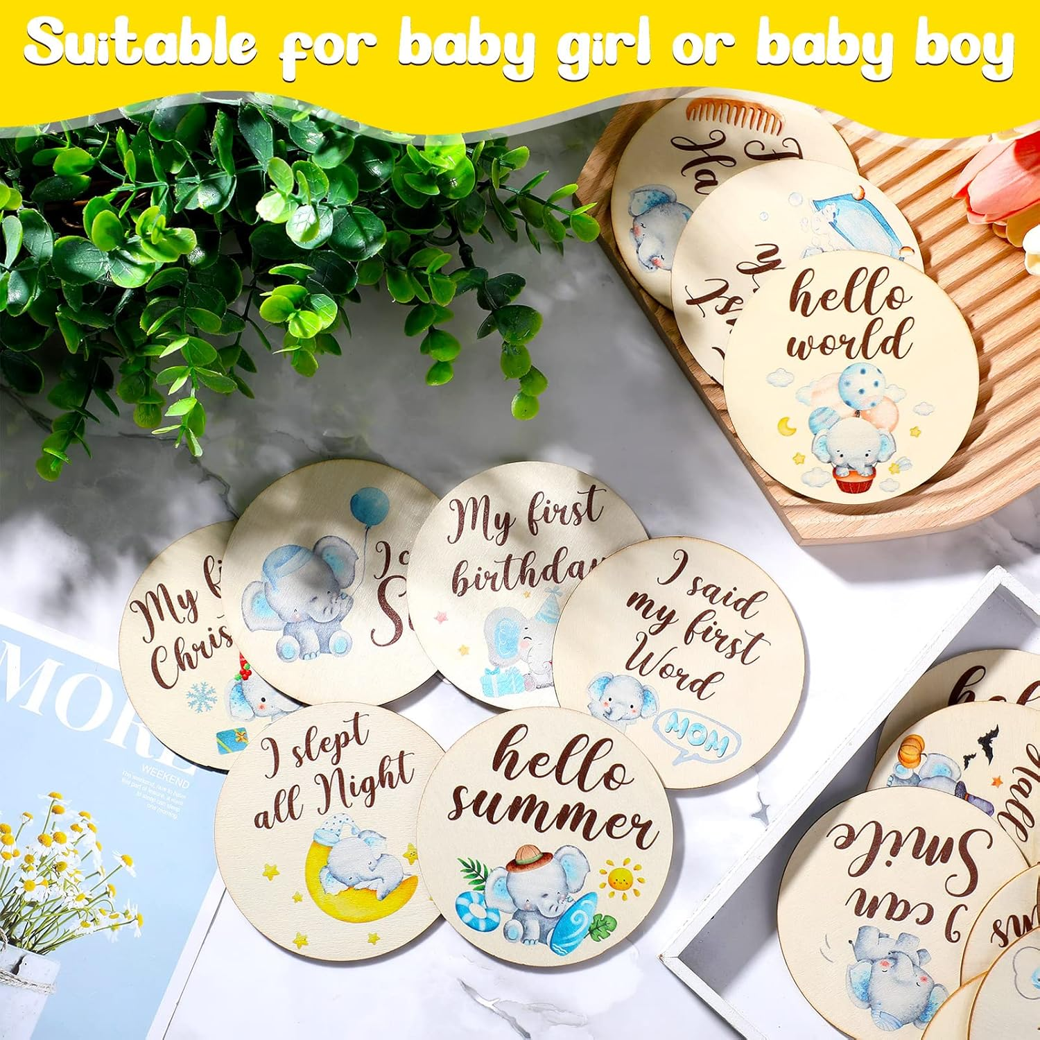 16 Pieces Wooden Baby Monthly Milestone Cards Baby Monthly Milestone Marker Discs Double Sided Monthly Milestone Wooden Circles Baby Months Signs for Baby Shower Newborn Photo Props(Blue Elephant) - Fresh Flowers image number 5