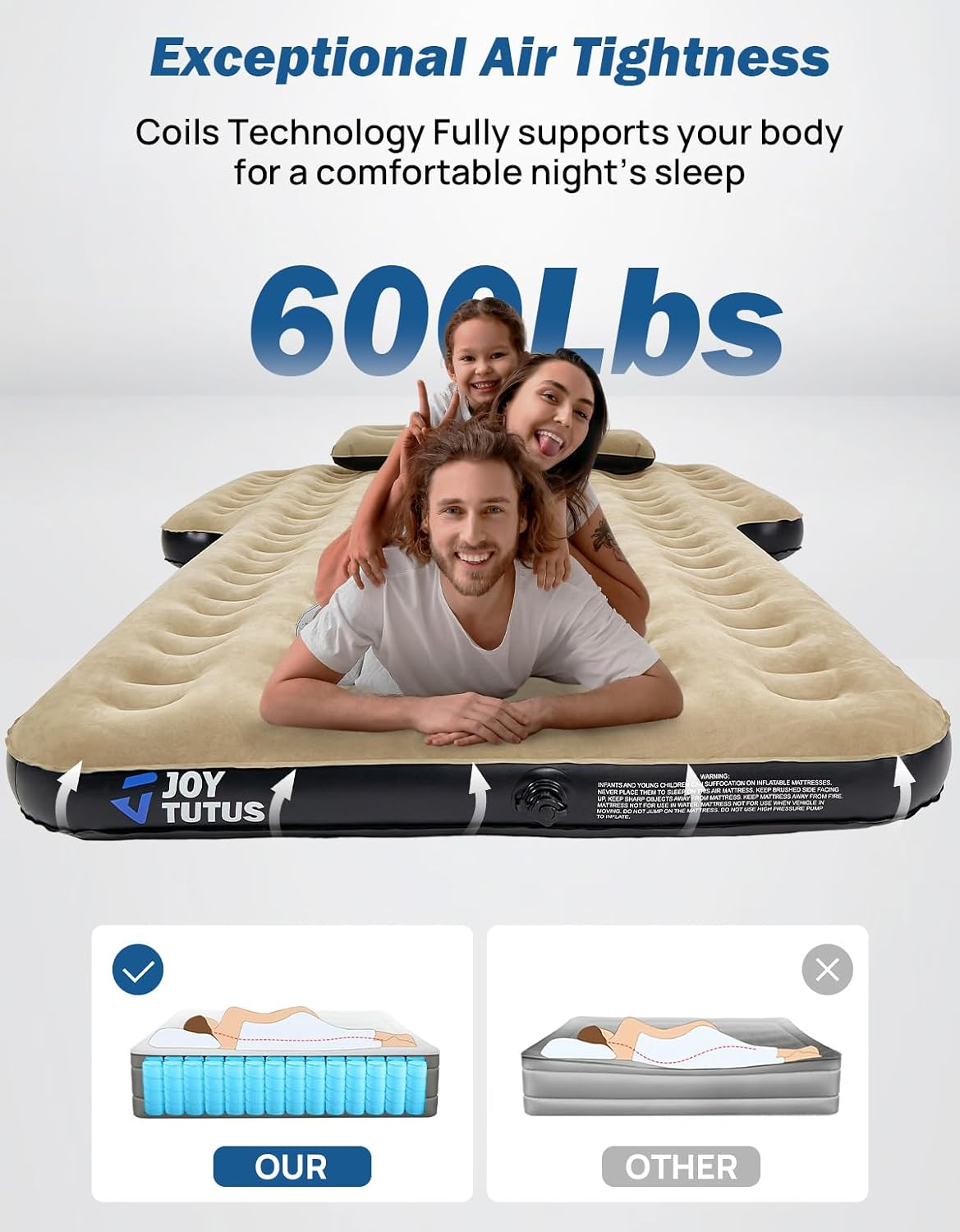 JOYTUTUS SUV Air Mattress Camping Bed,3.0 Thickened Flocking Car Camping Inflatable Mattress,Anti-Leakage,With 2 Pillows & Electric Pump Universal Car Bed for SUV Trunk and Rear Seat,Camel - Grey Blue image number 3