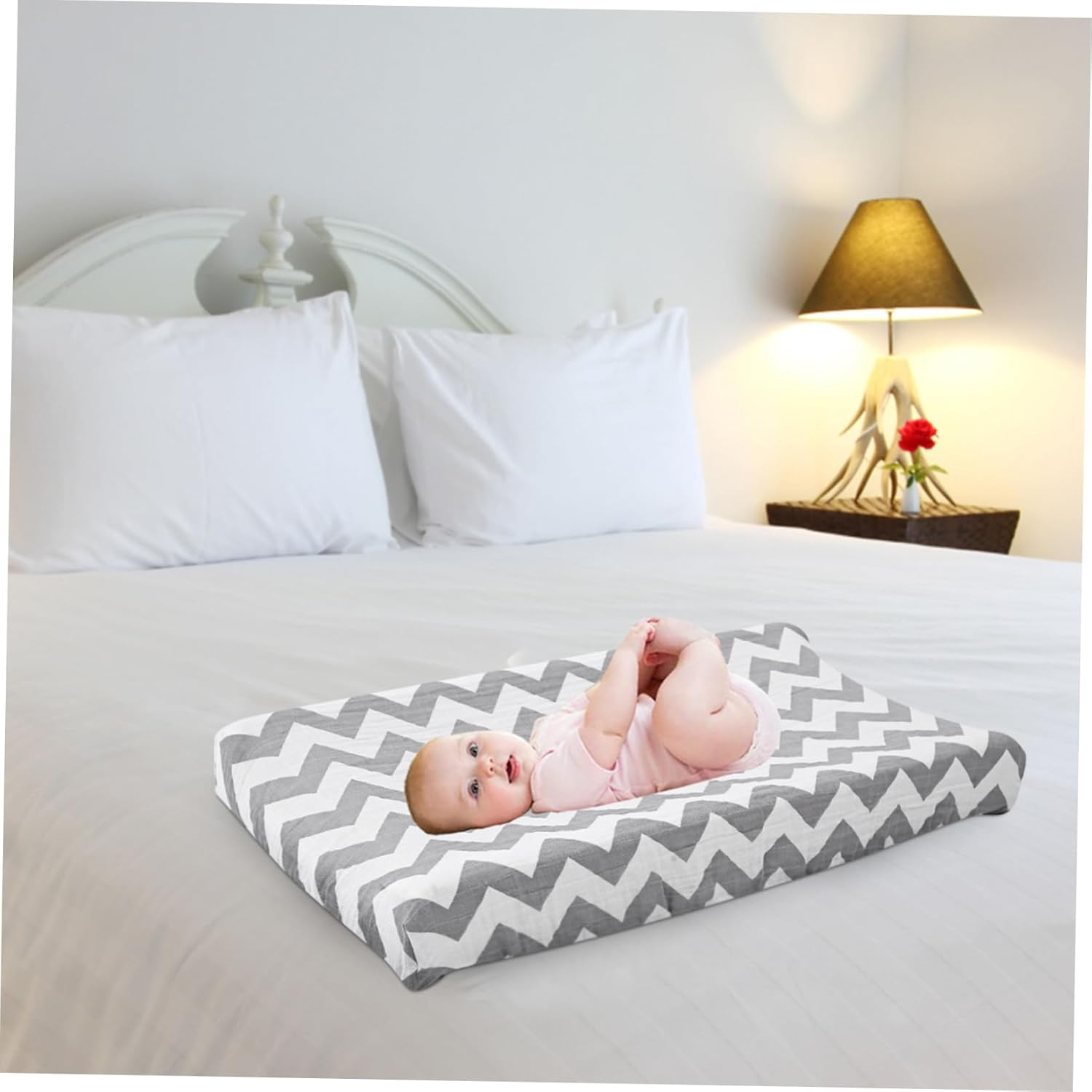 Baby Changing Pad Cover for Boys Washable Cotton Muslin Removable Changing Table Sheet Gray Wave Pattern for Newborn Care image number 2