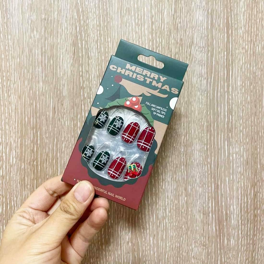 Resweky Christmas French Print on Nails, 24 Pieces, Snowflake, Medium, Short False Nails, Shiny Artificial False Nails, Cuteman Full Cover Acrylic Nails for Women (Green) image number 3