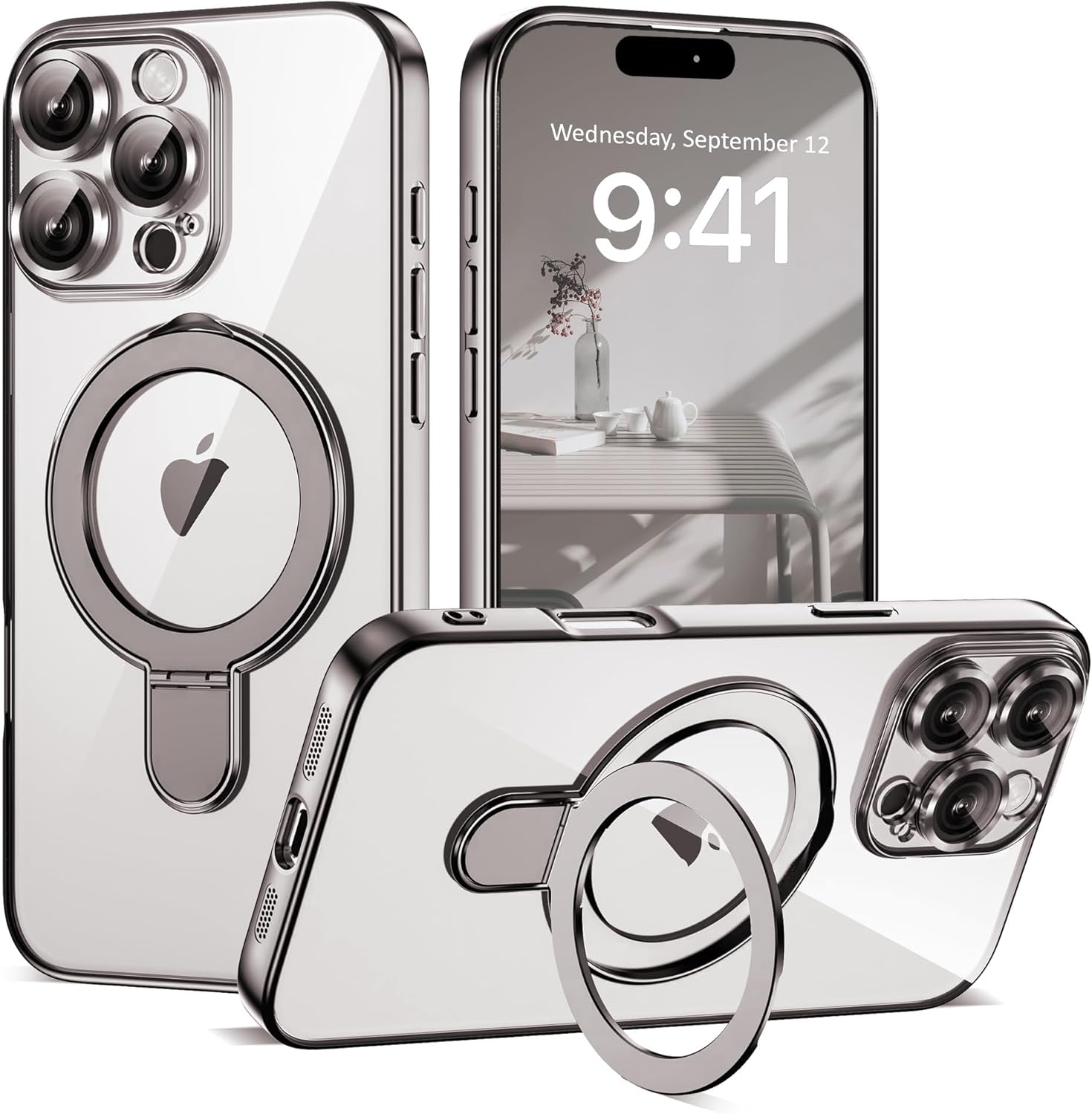 For Iphone 16 Pro Max Case, Phone Case Iphone 16 Pro Max with Invisible Magnetic Ring Stand [Compatible with Magsafe] [Full Camera Protection] Plating Clear Back Phone Case Covers, Silver