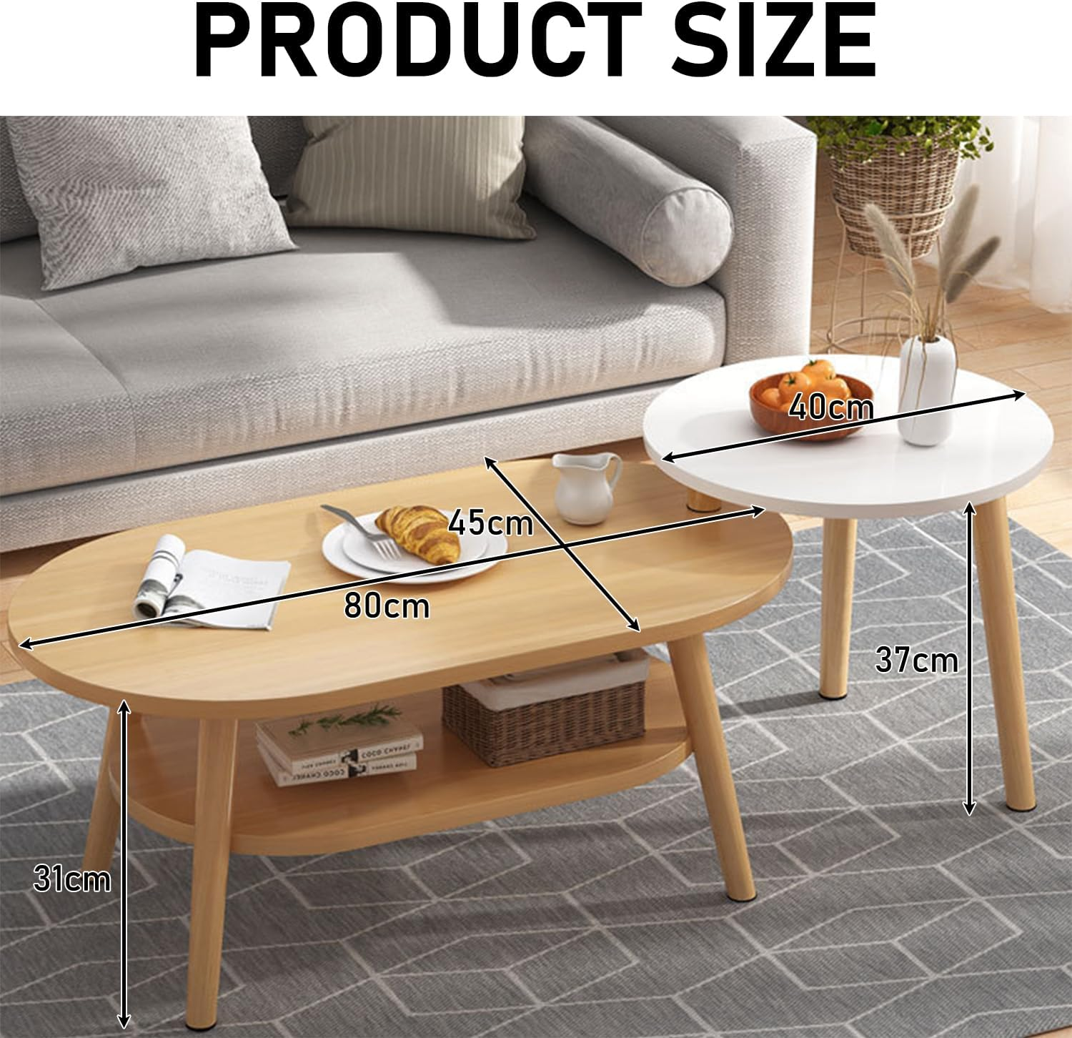 Uandhome Coffee Table-Oval Wood Coffee Table with Open Shelving for Storage and Display 2 Tier Sofa Table, Small Modern Furniture for Living Room&Home (Light Oak) - Light Oak image number 2