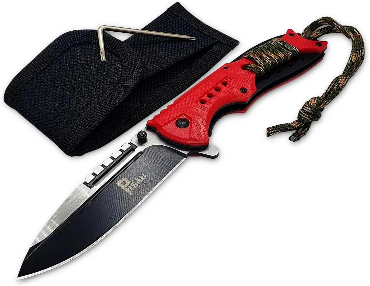 PISAU Stainless Steel Camping Folding Knife with Sheath and Paracord (Black)