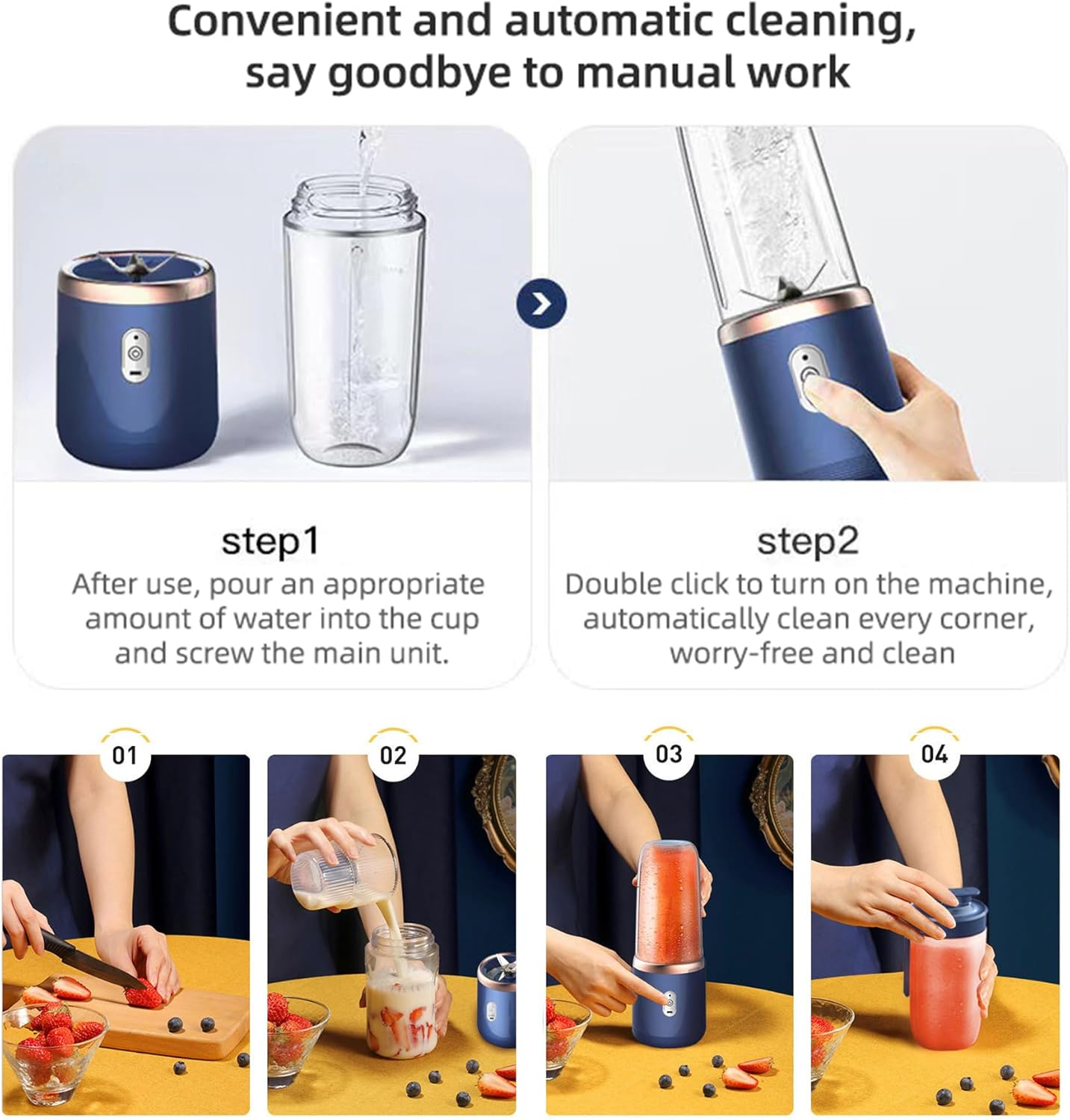 POATOW Portable Blender, USB Rechargeable Smoothie Blender, Personal Blender for Shakes and Smoothies with 6 Sharp Blades, Travel Lid, Waterproof Blender for Kitchen, Office (Blue) image number 3