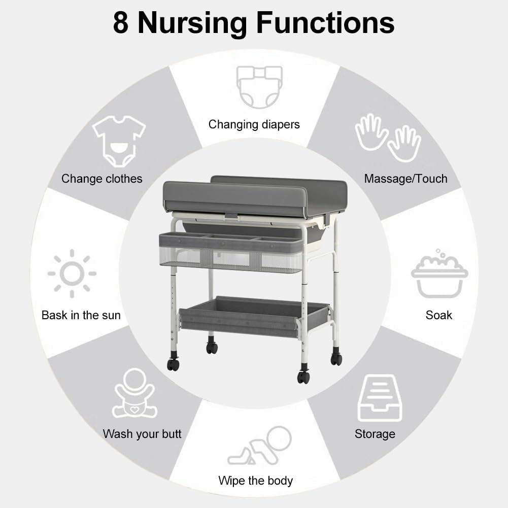 CHAOFLIGHT Portable Baby Changing Table 2-In-1 Baby Change Station with Tub Foldable Baby Bath Stand with Adjustable Height Diaper Change Table for Newborn Infant Mobile Nursery Organizer image number 5