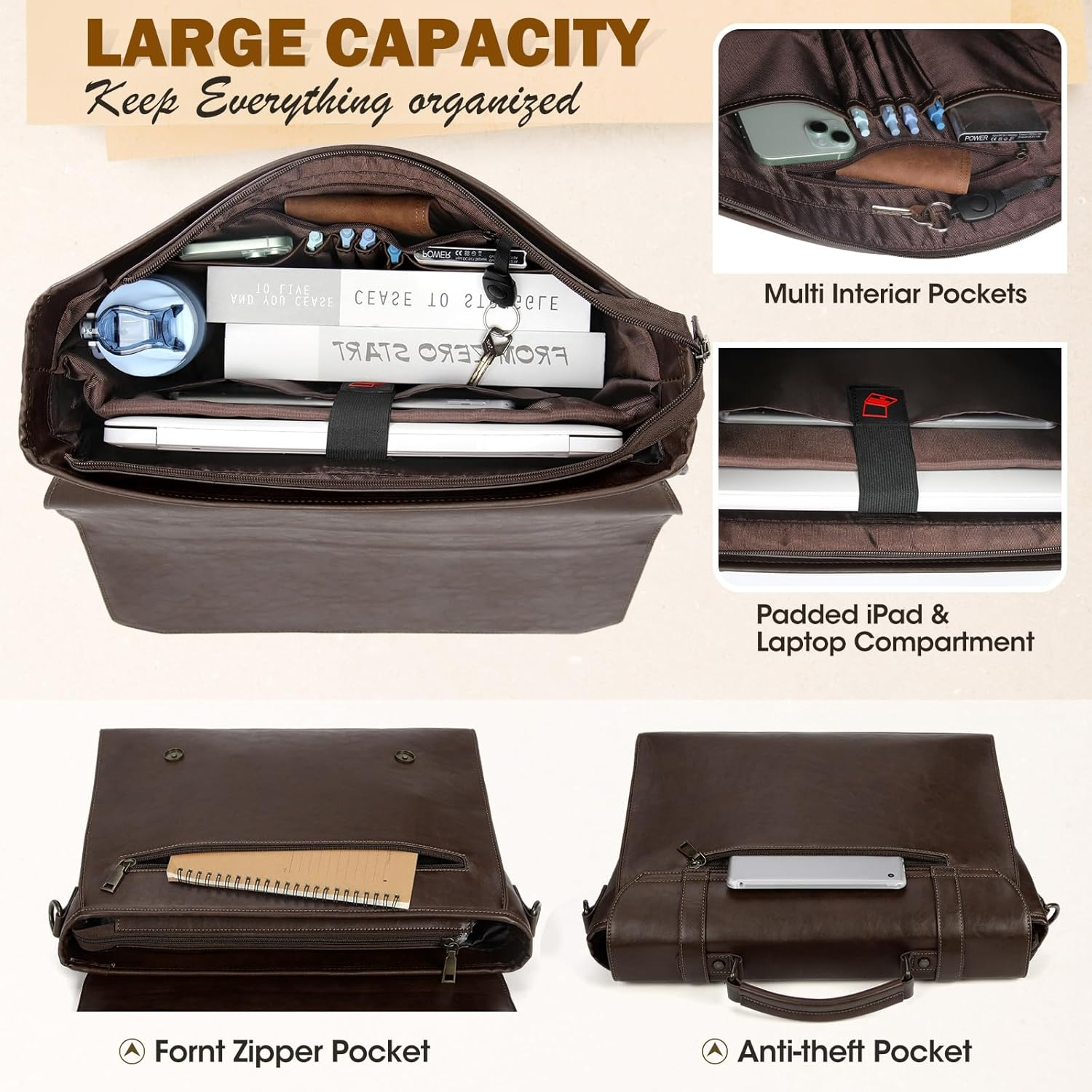 Mens Messenger Bag 17 Inch Waterproof Vintage Leather Laptop Briefcase Large Laptop Bag Satchel Bag Computer Shoulder Bag