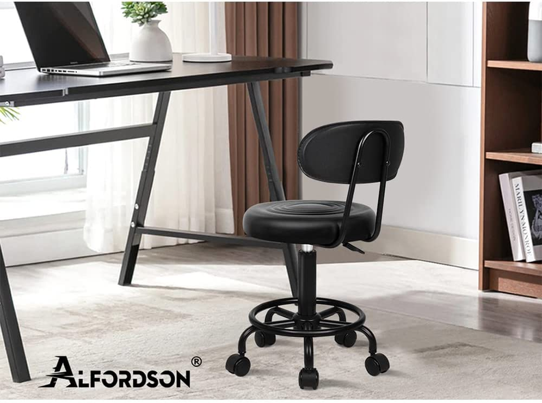 ALFORDSON Salon Stool round Swivel Drafting Rolling Stools in 47.5-62Cm Height Adjustable PU Leather Spa Stool with Footrest Wheels Backrest Hair Dress Barber Chair for SPA Massage (Declan All Black) - 1 X Declan White image number 2