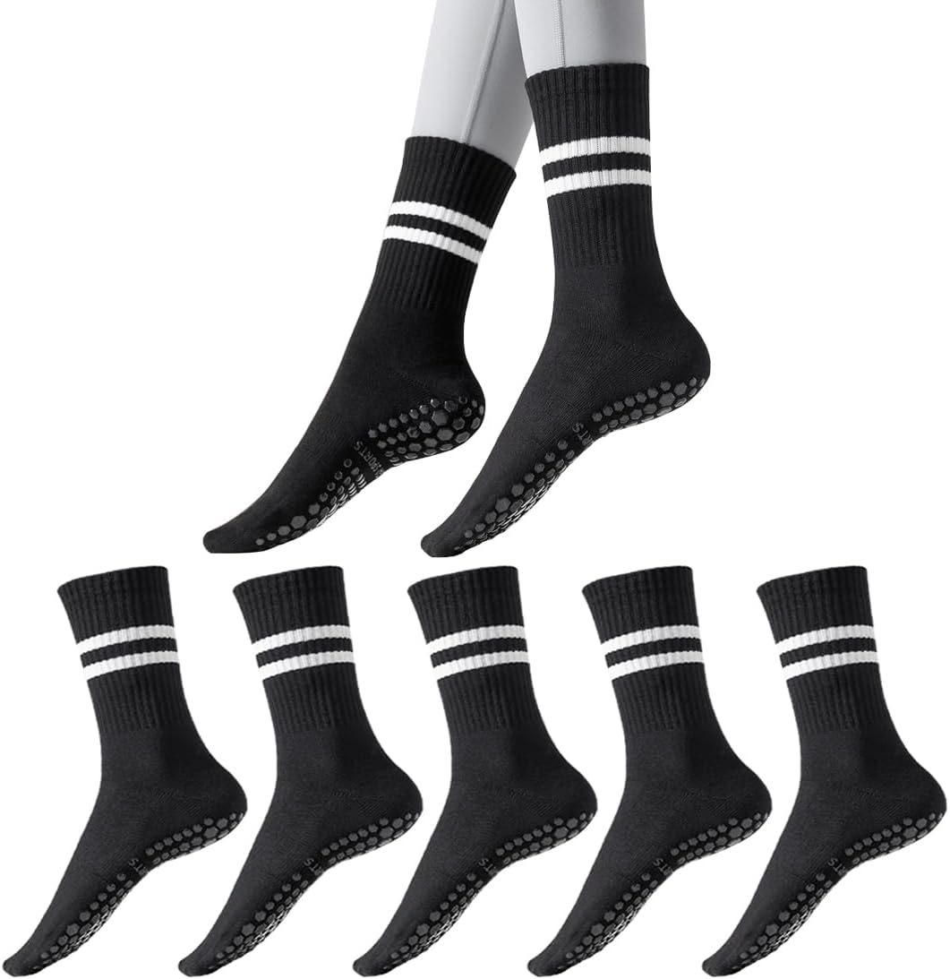 5 Pairs Grip Pilates Socks for Women, Non Slip Yoga Athletic Long Crew Socks for Barre Ballet Gym Workout