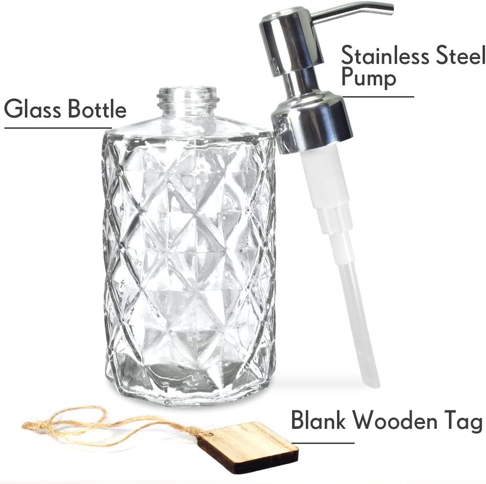 JASAI Diamond Design 12 Oz Glass Soap Dispenser, Kitchen Soap Dispenser with 304 Rust Proof Stainless Steel Pump, Bathroom Soap Dispenser for Hand Soap, Soap, Lotion(Clear). - Clearglass-Golden Pump image number 2