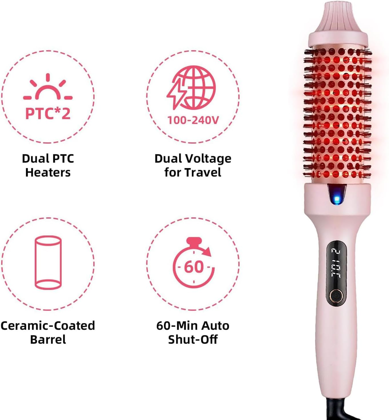 Infrared Heated round Brush 1.5Inch Ionic Thermal Hair Curler Combs for Dry Hair Curling Volumizing LED Display Smooth Styling Ceramic Brush image number 2