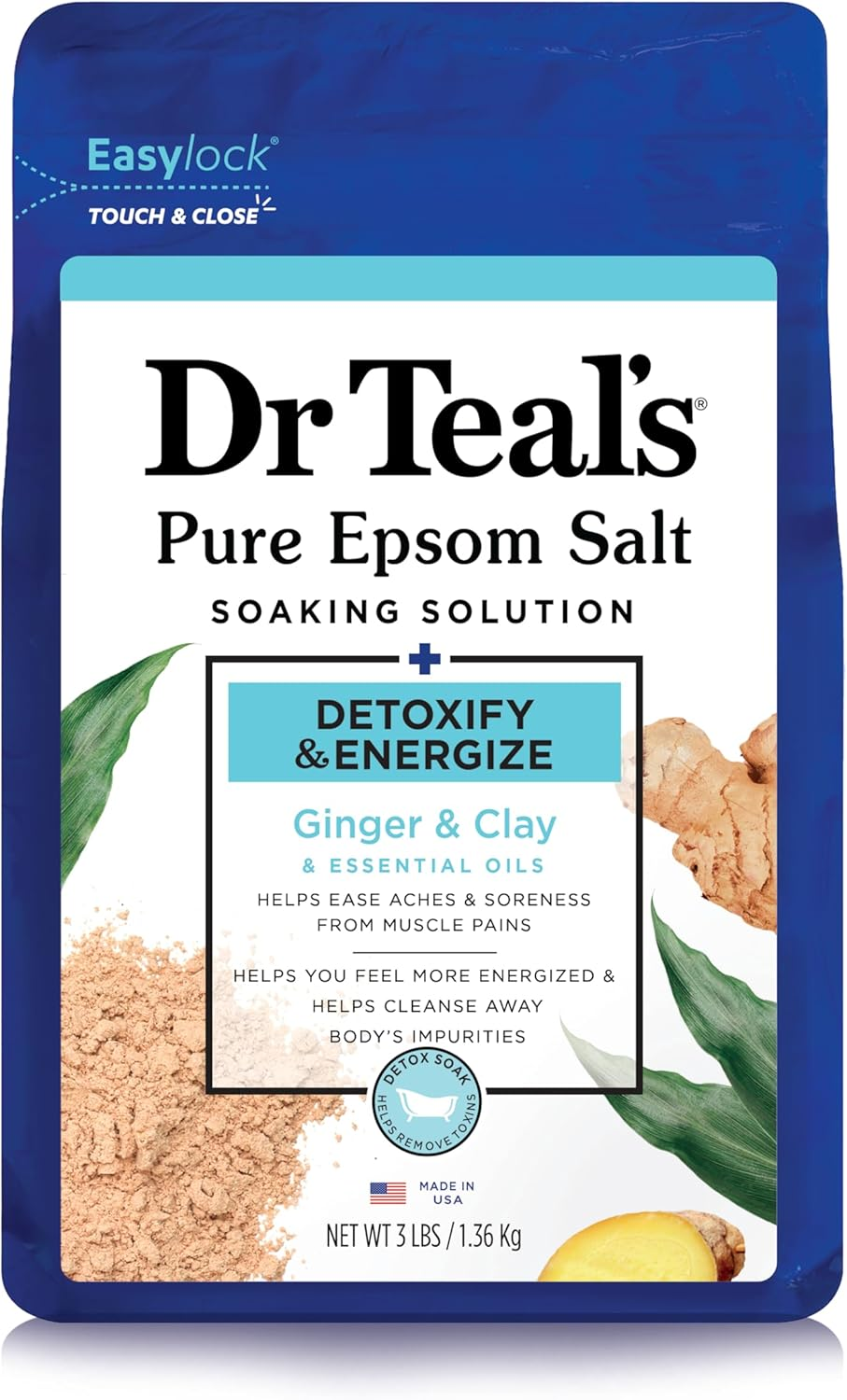Dr Teal'S Ginger and Clay Pure Epsom Salt Soaking Solution, 1.36 Kg, White, 3 Pound (1 Count) (04342-4PK) image number 3