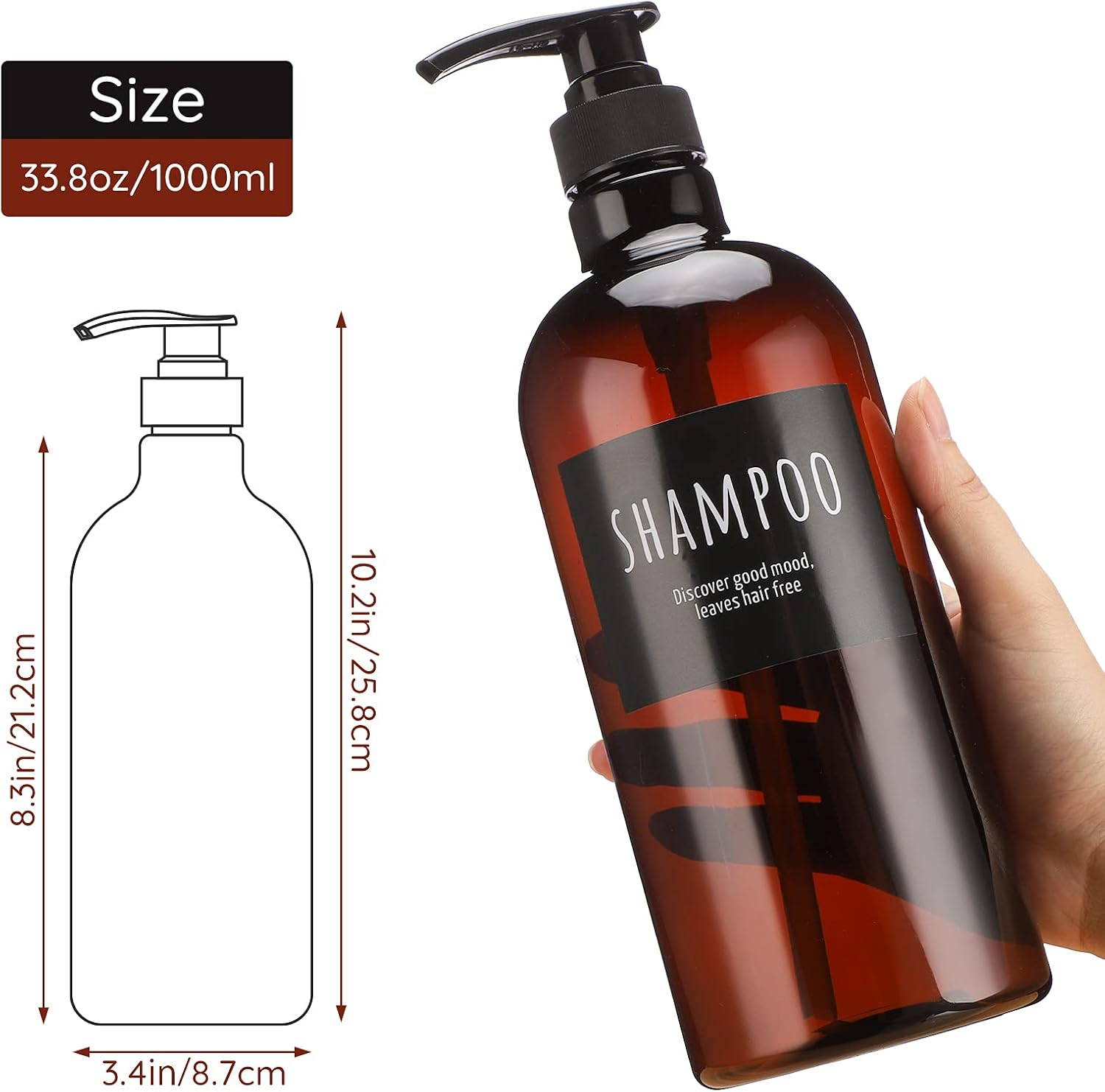 Segbeauty 32Oz Refillable Shampoo Bottles, Empty Shampoo and Conditioner Bottle with Pump, 3Pcs 1 Liter Lotion Dispenser for Body Soap Conditioner, Labeled Brown Plastic Press Dispenser image number 5