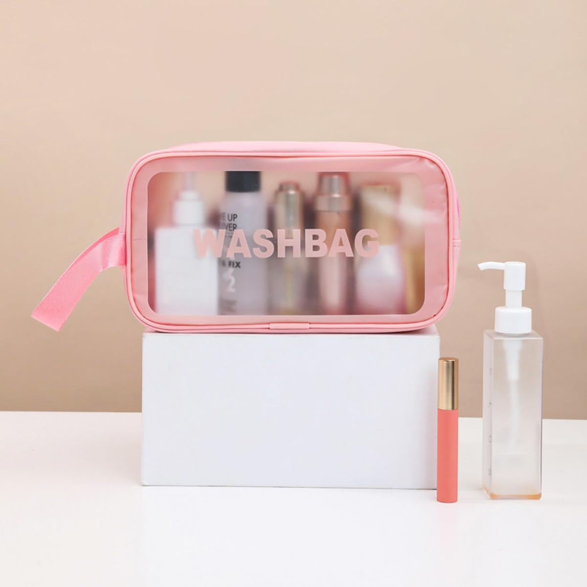 Set of 3 NUZAMAS Travel Toiletry Bag Transparent Makeup Bag Clear Waterproof Cosmetic Bag 3 Size of Travel Organizer Bag for Women and Girls Pink