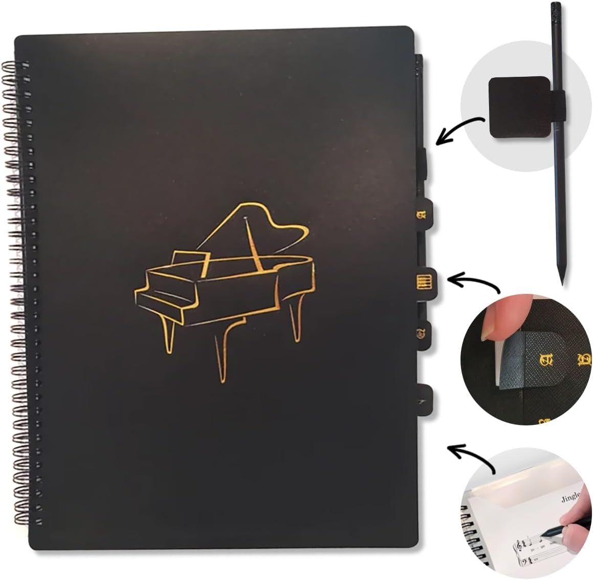 Pianoglory A4 Music Folder Value Pack with Divider Tabs, Pencil Holder, 40 Pages, Black with Gold Grand Piano Design image number 1