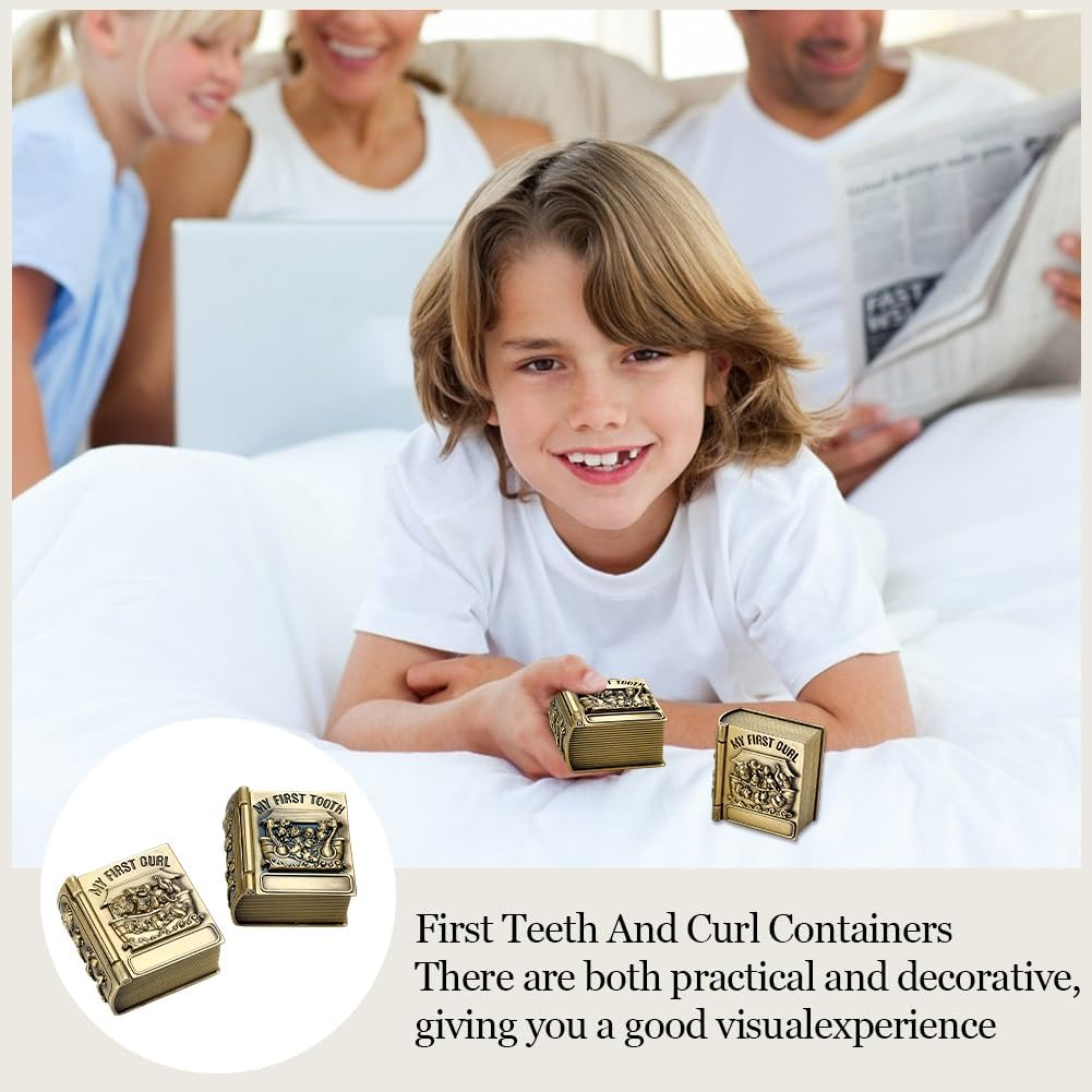 FINGERINSPIRE 2PCS My First Curl and My First Tooth Keepsake Box Antique Bronze Book Shaped Teeth Collection Organizer Holder First Curl and Tooth Keepsake Box for Babies to Keep the Childhood Memory image number 2