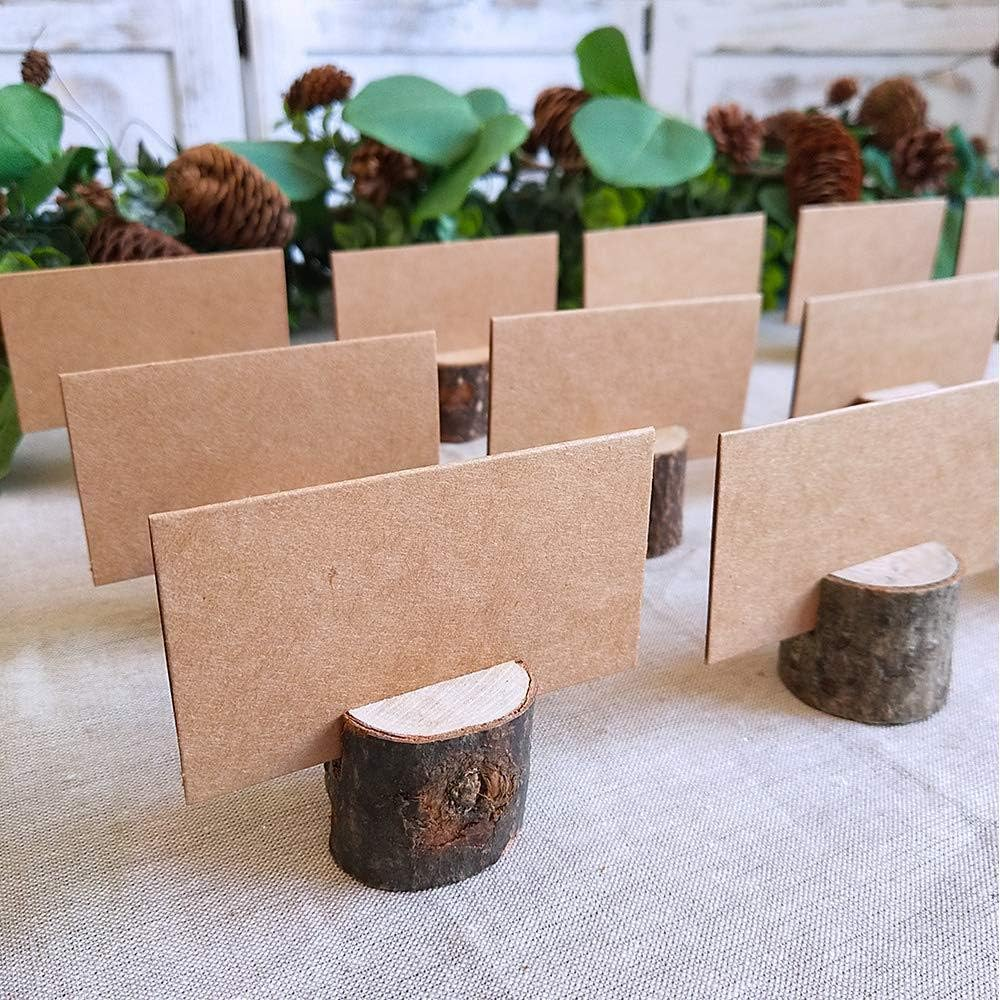 OBLEGY 10Pcs Wood Place Card Holders and 10Pcs Kraft Table Name Place Cards, Natural Log Table Number Stands Food Labels Dinner Decor Photo Holders for Christmas, Weddings, Birthday, Party Supplies image number 1