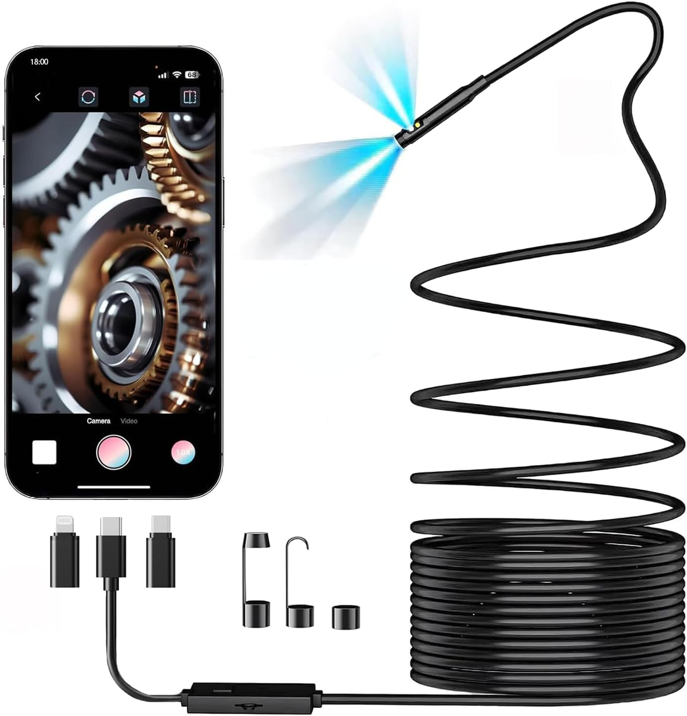 Endoscope Camera with Light, Dual-Lens 1920P HD Borescope with 8 Adjustable LED Lights, IPX68 Waterproof Boroscope Inspection Tools, 5M Semi-Rigid Snake Camera for Ios & Android image number 1