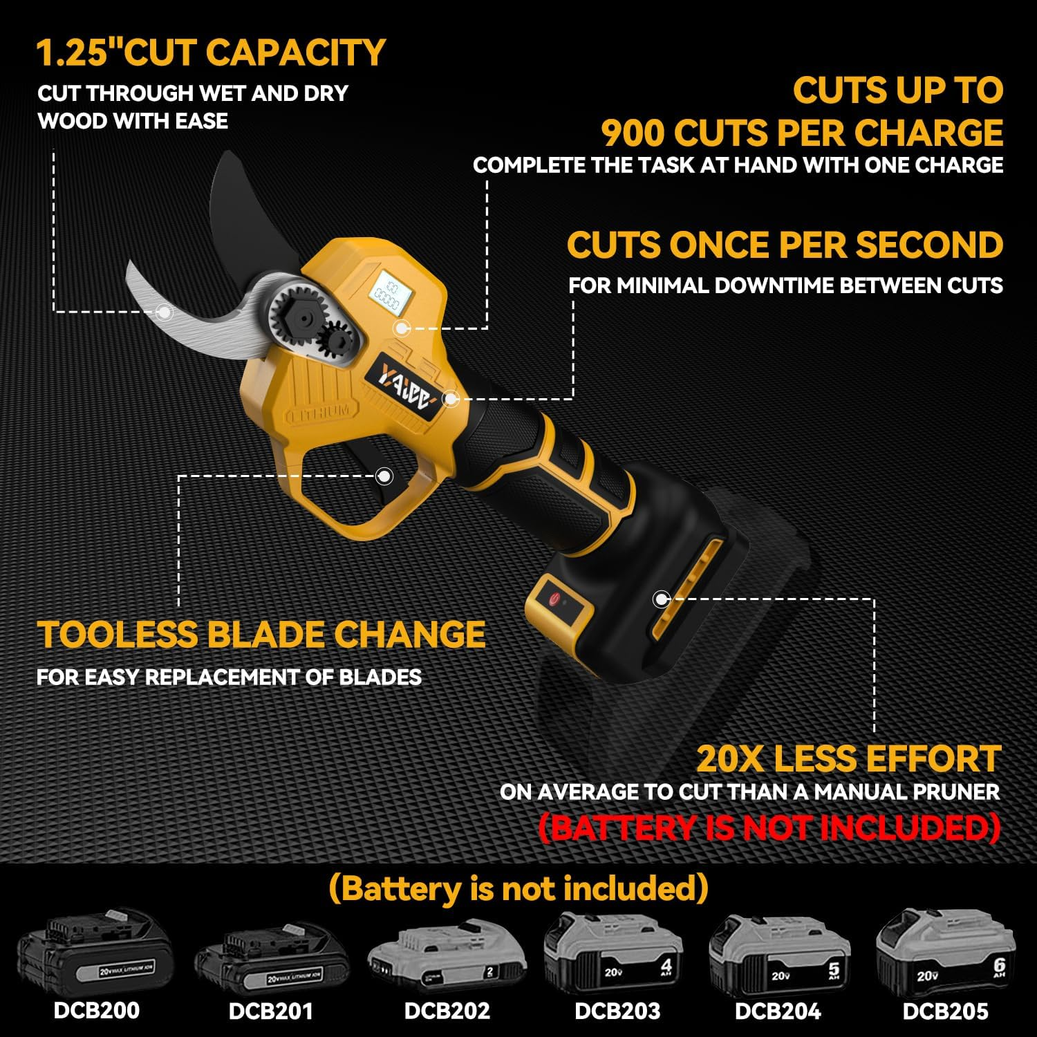 Brushless Electric Pruning Shears for Dewalt 20V Battery, Portable Cordless Pruning Shears with LCD Display＆Sk5 Blades, Adjustable Cutting Diameter 0.8-1.2 Inch for Gardening Tree Pruning(No Battery)