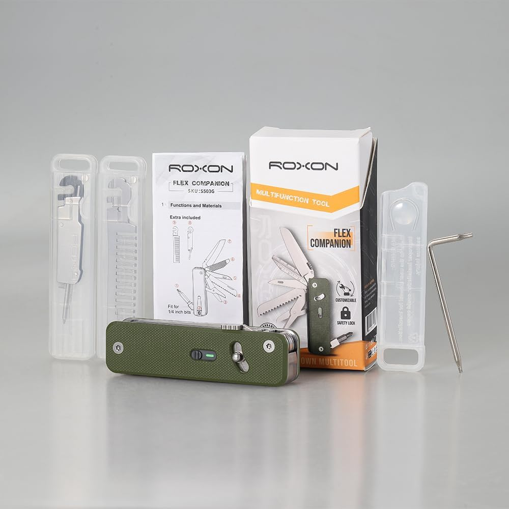 ROXON S503G Flex Companion Tool Modular Design and Adjustable Pocket Tool, Pre-Installed with 8 Essential Tools (1/4" Bit Driver, D2 Blade, Screwdriver, Taper Saw, Scissors, Etc.)（Green） image number 1
