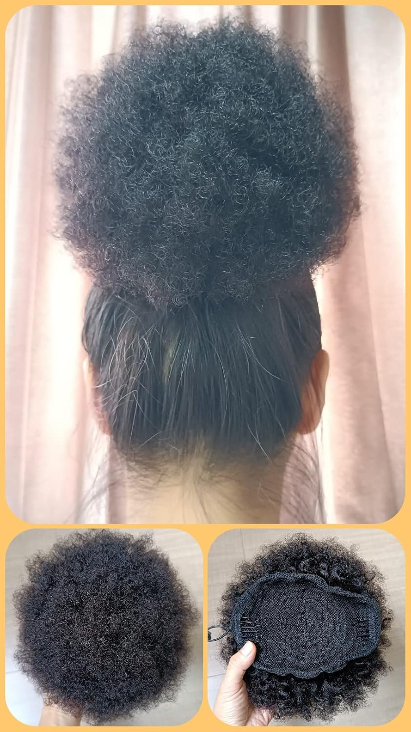 FEIPRO Afro Puff Drawstring Ponytail Human Hair Small Curly Ponytail Buns Hairpieces 8A Brazilian Virgin Hair Short Clip in Ponytails for Black Women Girls Kids 6 Inch Natural Black image number 4