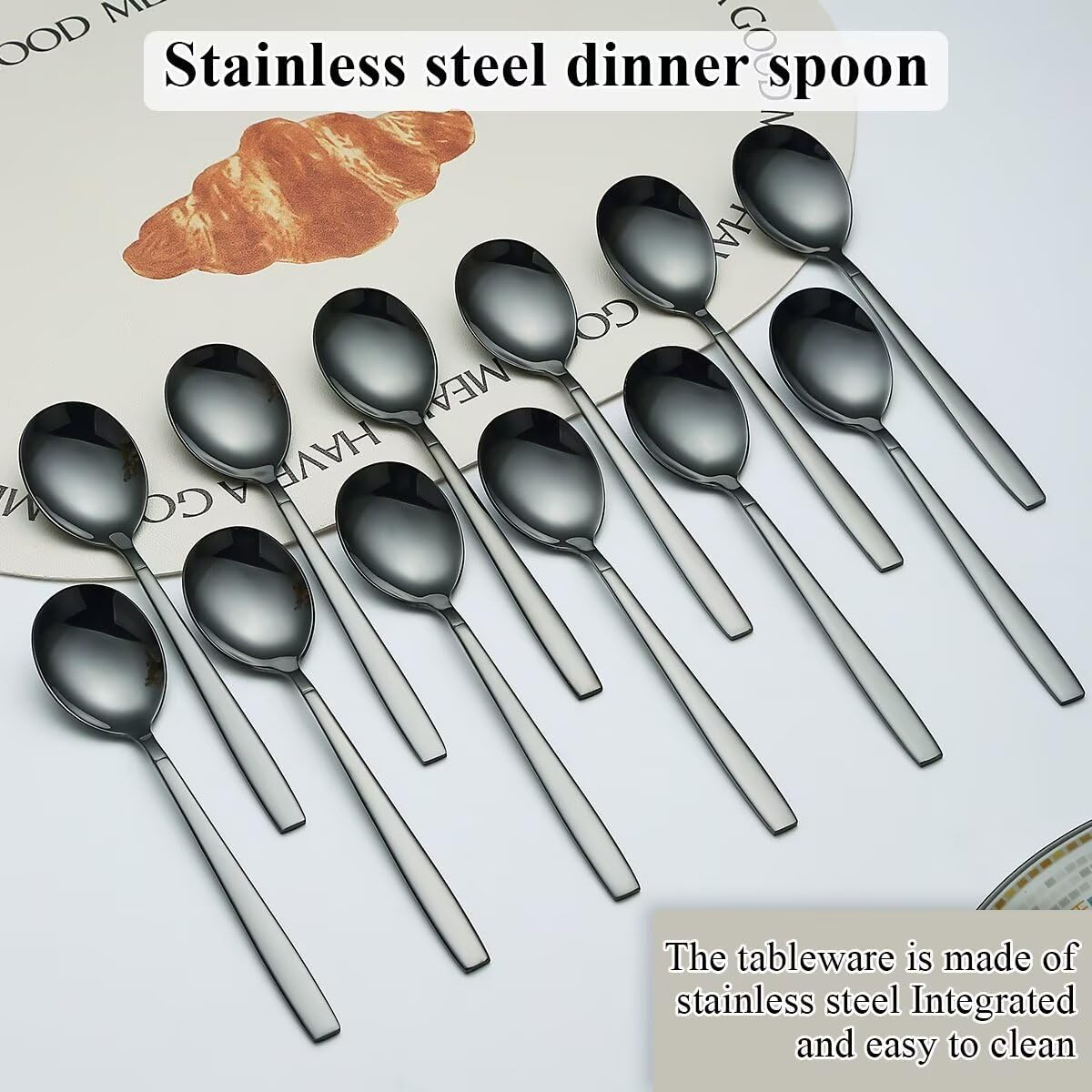 Berglander Black Spoon 12, Stainless Steel Titanium Shiny Black Electroplated Spoon Cutlery, Black Spoon Table Spoon Set - 3. Gold image number 3
