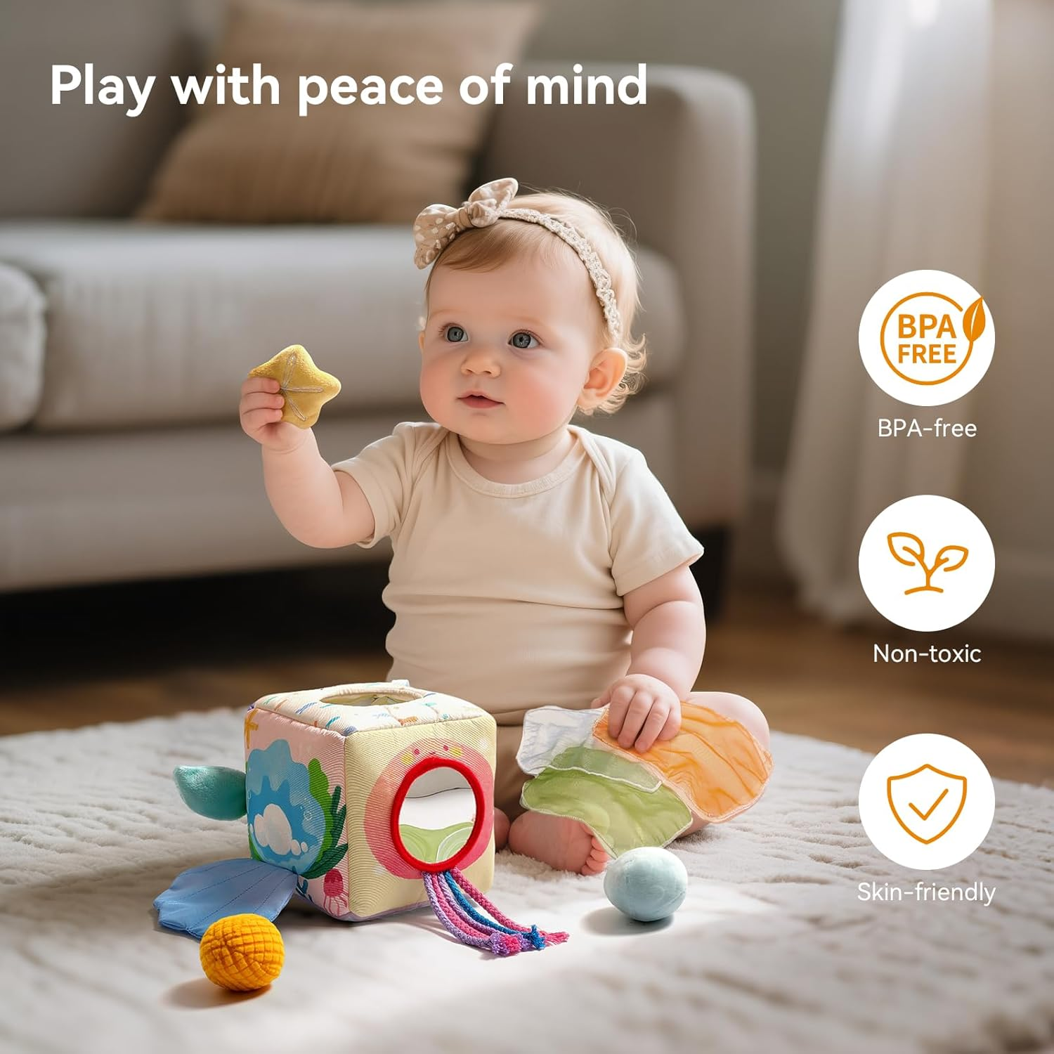 Promise Babe Baby Tissue Box Toy for Babies 6-12 Months Baby Toy - Montessori Sensory Busy Cube Toys with 3 Sensory Ball - Boy Girl Gifts for Babies 6 12 18 Months Old(Mermaid) image number 4