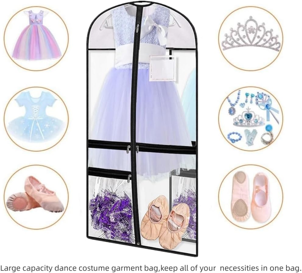 Clear Dance Costume Garment Bag, 39 Inch Garment Bag for Dance Competitions, Kids Hanging Clothes Cover for Girls Closet Storage with 3 Zippered Pockets (2 Pack, Clear) image number 6