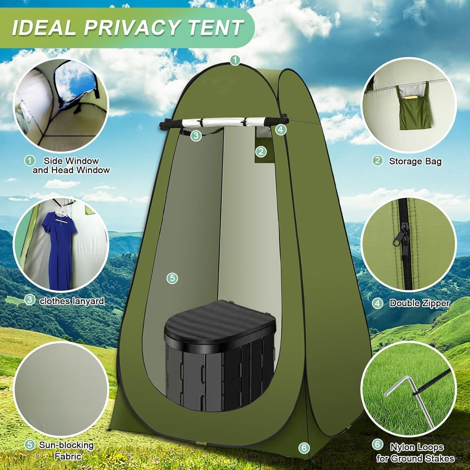 Camping Toilet with Pop up Privacy Tent, X Large Portable Toilet Potty for Adults, Outdoor Camping Shower Tents Changing Room, Washable Foldable Camp Toilet Kit with Toilet Bags image number 5