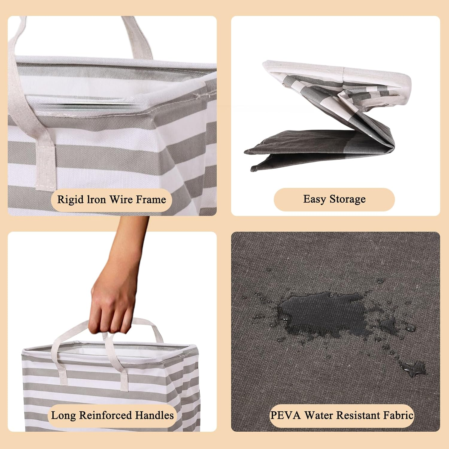 2-Pack Large Laundry Basket, Waterproof, Collapsible Tall Clothes Hamper with Extended Handles for Clothes Toys in the Dorm and Family-(75L, Stripe) - 1-Pack Stripe image number 4