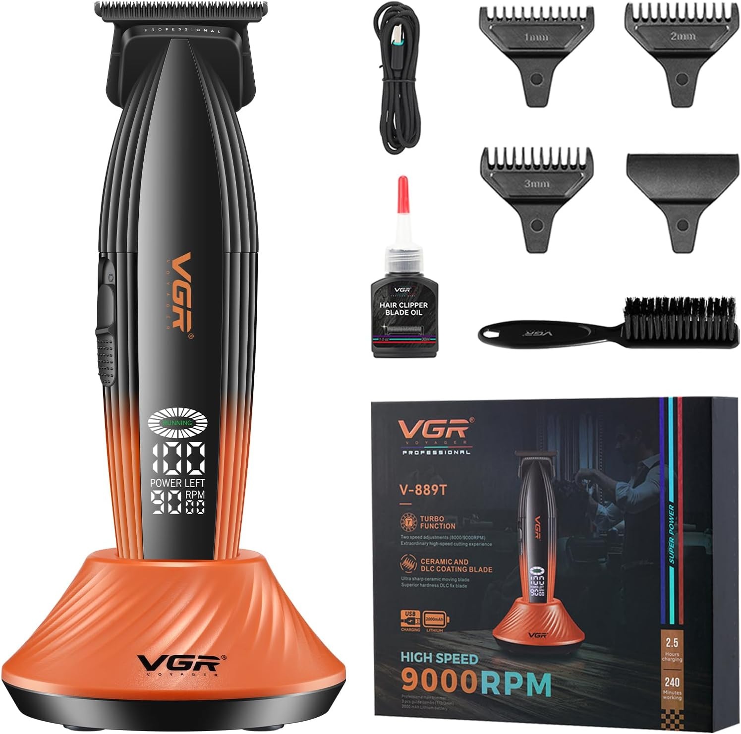 VGR 889T Professional Hair Trimmer for Men, 9000RPM High Speed Cordless Hair Clippers Beard Trimmer with Ceramic & DLC T Blade, Zero Gapped Barber Clippers with USB Charging Base, LED Display image number 3