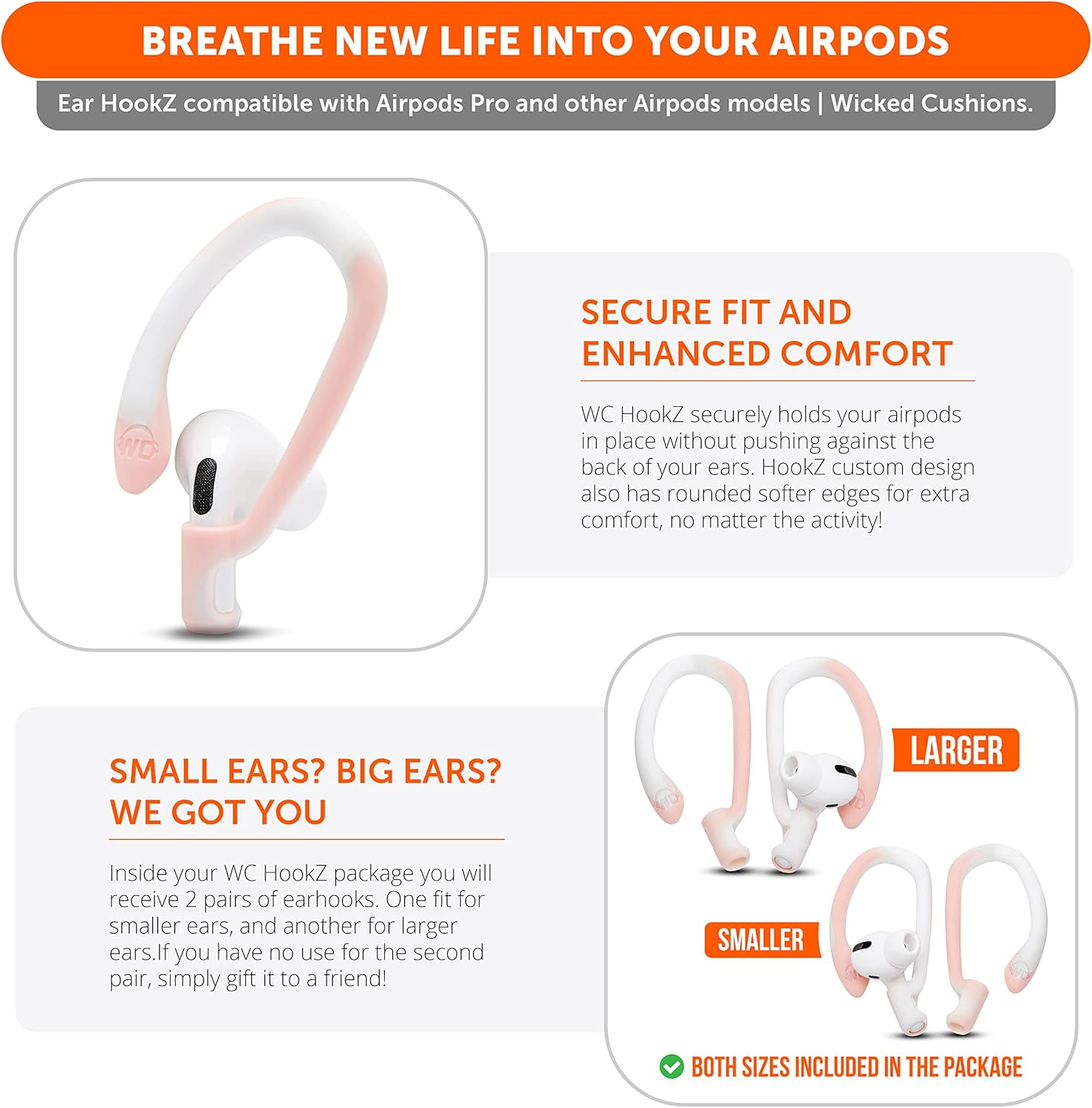 WC Hookz - Patented Upgraded over Ear Hooks for Airpods Pro 1, 2 & Airpods 1, 2 & 3- Two Size Pairs Included in Package, Unique Left & Right Hook, Made by Wicked Cushions | Pink Marble - Cyan Prism image number 7